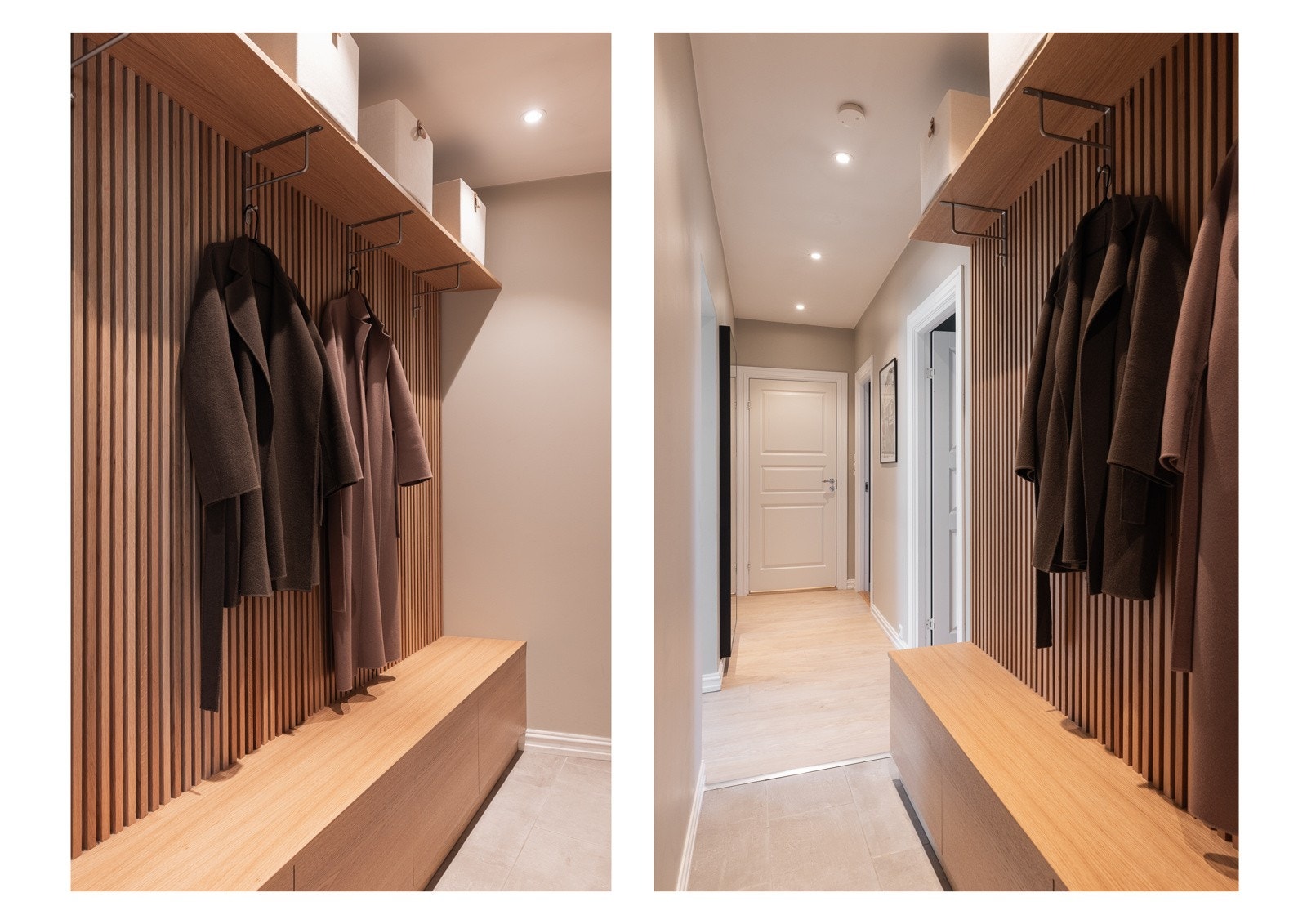 Møbelsnekret garderobeløsning som gir rikelig av lagringsplass i entréen. Galleribilde