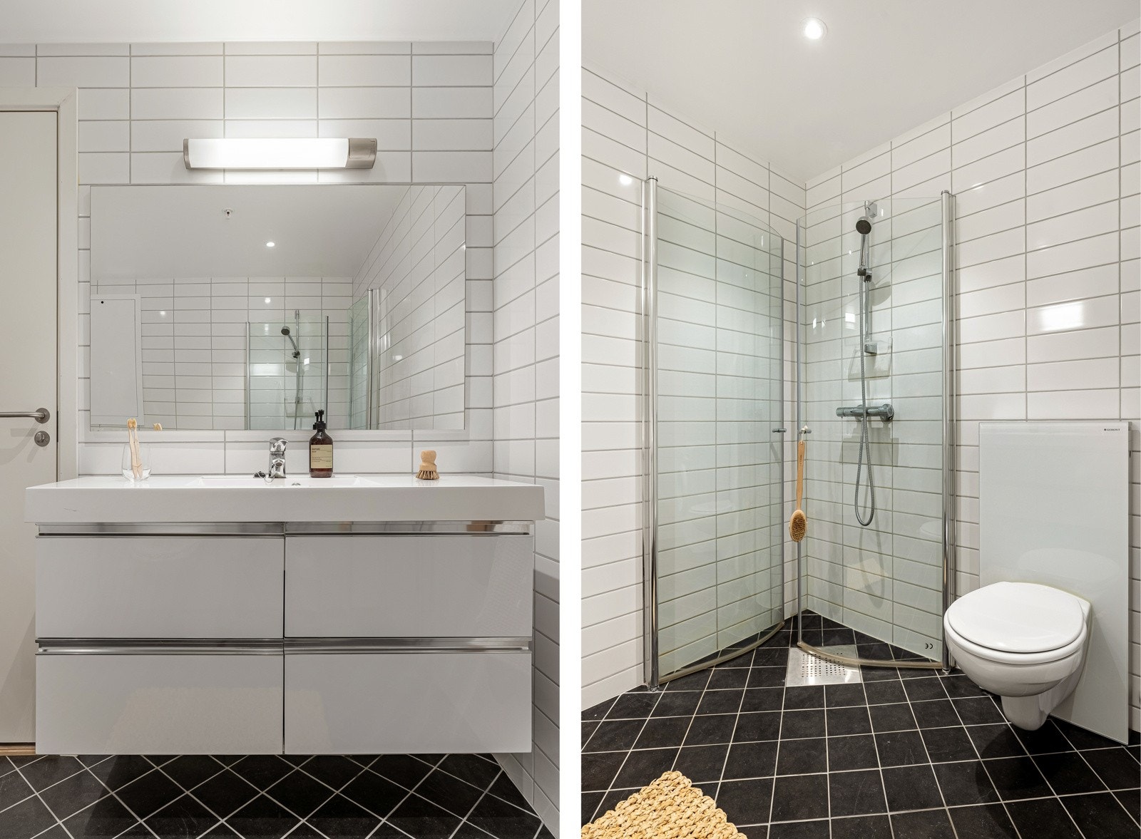 Badet er innredet med vegghengt toalett, dusj med innfellbare glassvegger og servantmøbel med skuffer og speil. Galleribilde