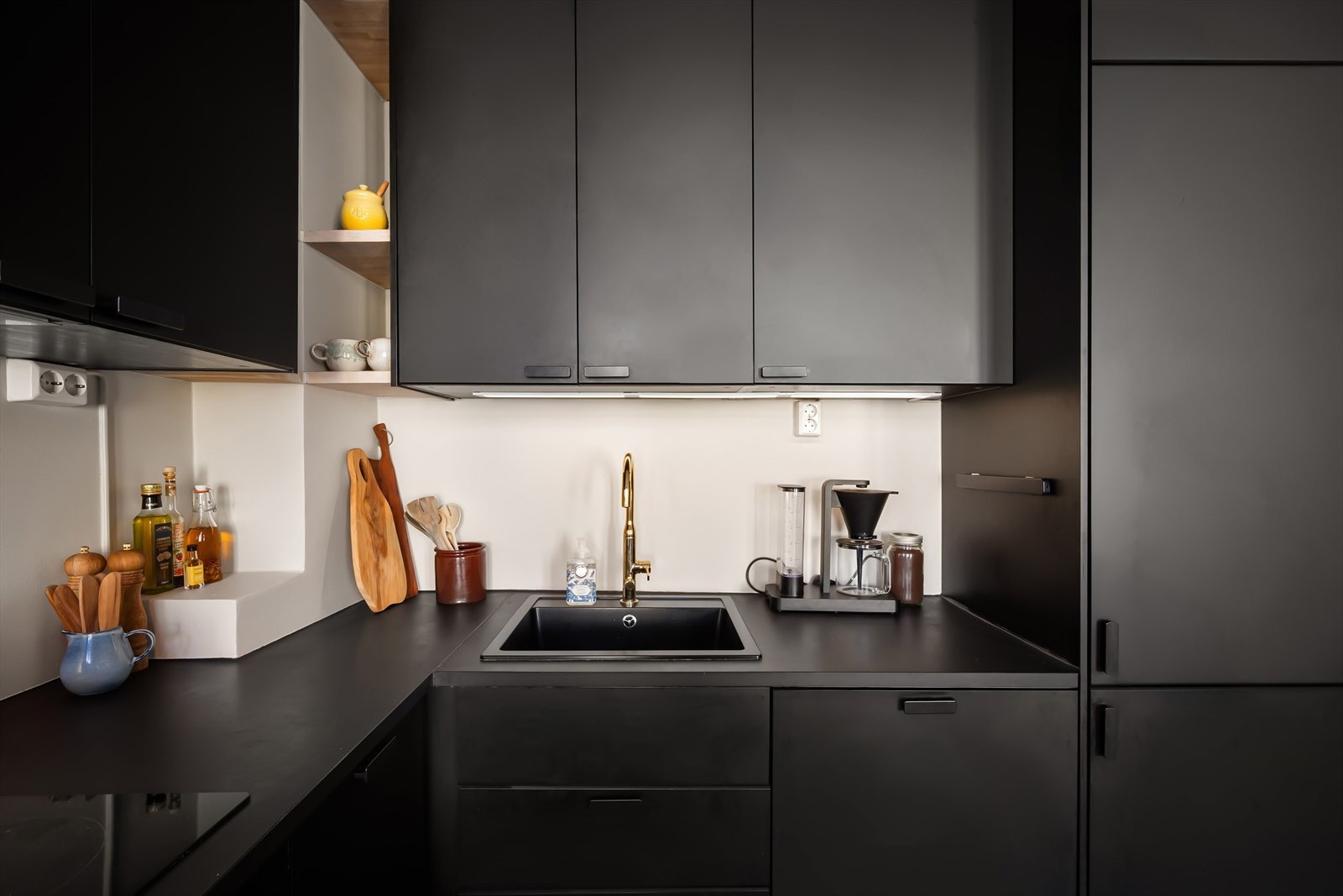 Induksjonstopp, stekeovn, oppvaskmaskin og kjøl/frys er integrert i innredninge Galleribilde