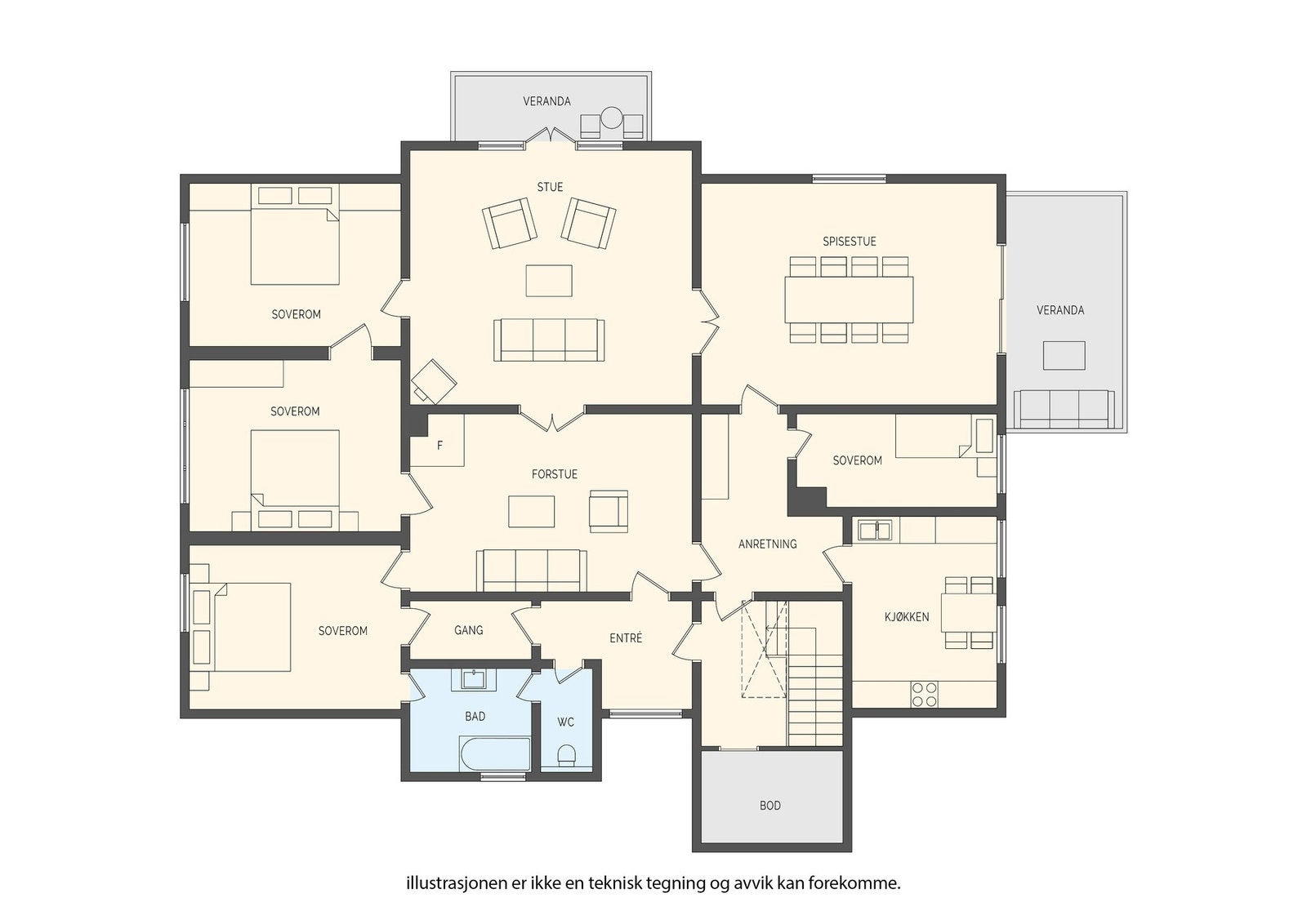 Planløsning 2.etasje. Dette er kun en illustrasjon og mindre avvik kan forekomme. Galleribilde