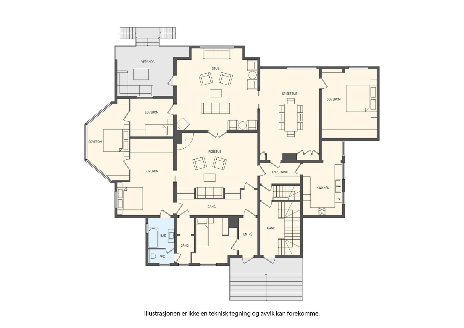 Planløsning 1.etasje. Dette er kun en illustrasjon og mindre avvik kan forekomme. Galleribilde