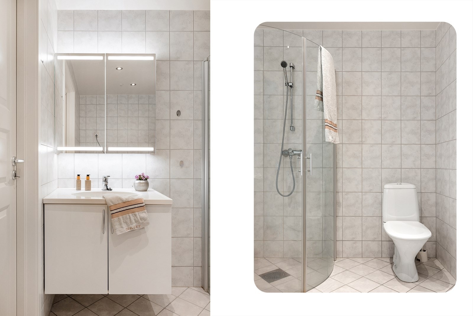 Badet er utstyrt med toalett, helstøpt servant, skuffer under servant med slette fronter for oppbevaring, dusjdører i klart glass, varmtvannsbereder og fordelerskap til rørsystemet Galleribilde
