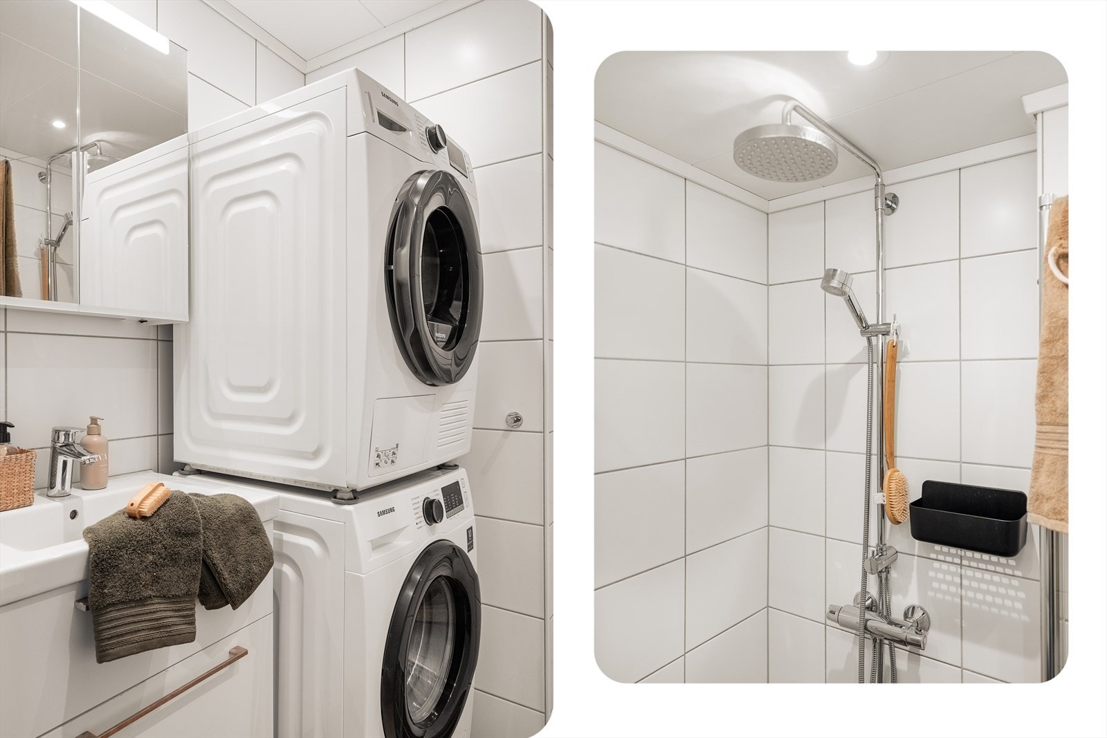 Leilighetens bad er helfliset og har varme i gulv. Badet ble oppgradert i 2015 og inneholder vegghengt toalett, helstøpt servant, skuffer under servant med slette fronter, dusjdører i klart glass, opplegg for vaskemaskin og fordelerskap til rørsystemet. Galleribilde