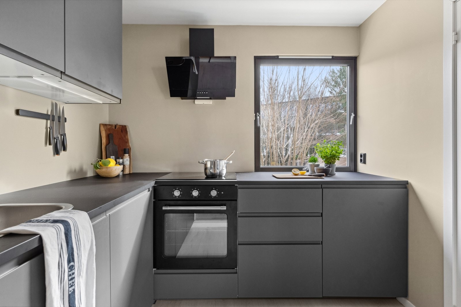 Kjøkkenet innehar integrerte hvitevarer som stekeovn, platetopp, oppvaskmaskin, ventilator og kjøl- og fryseskap. Varmtvannsbereder er flyttet ned i boden i stedet for i kjøkkenbenk som i tilsvarende leiligheter. Galleribilde