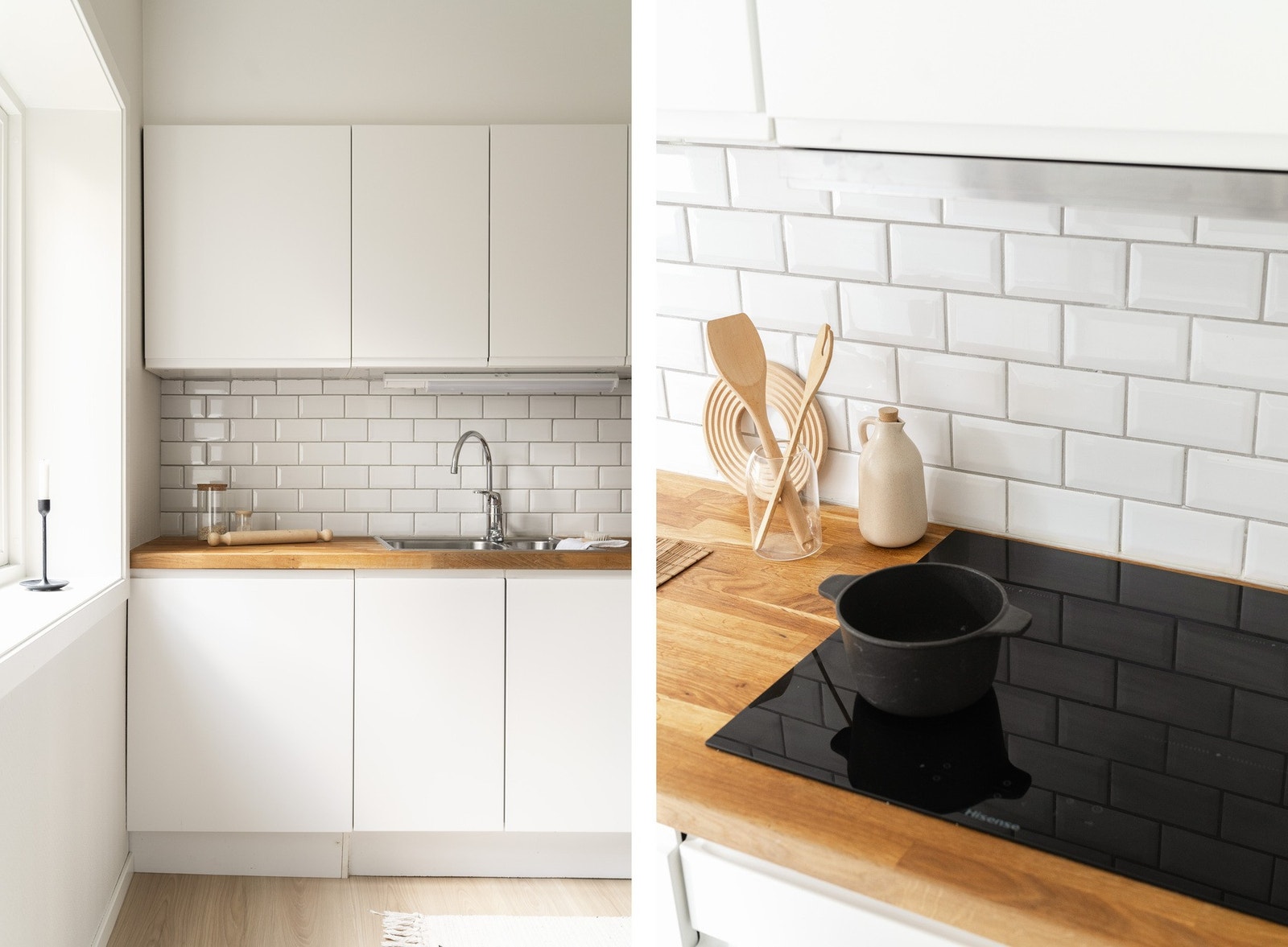 Innredningen har slette hvite fronter og heltre benkeplate med nedfelt vask av stål. Galleribilde