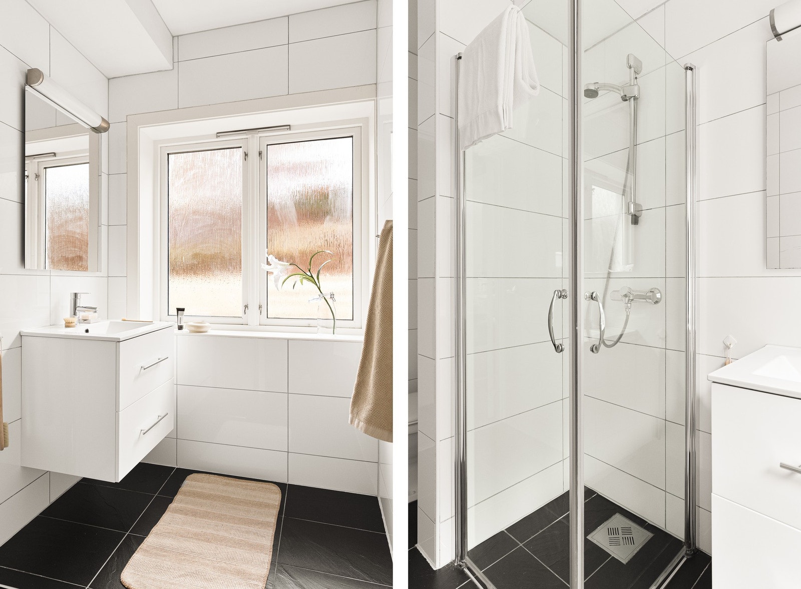 Badet er innredet med toalett, dusj med glassdører, samt vegghengt skap med ovenpåliggende servant og speil over. Badet ble overflateoppusset i 2009. Galleribilde