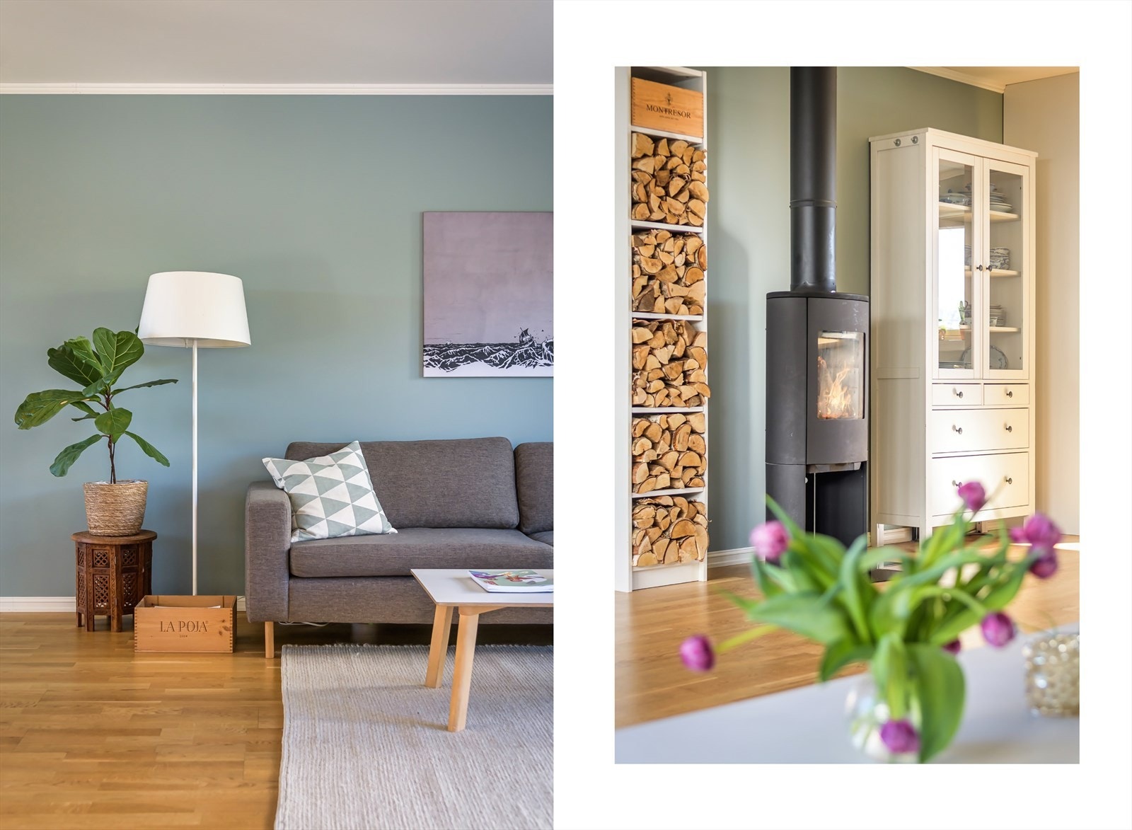 Midt i rommet er det plassert en delikat peisovn som varmer godt på kalde dager. Galleribilde