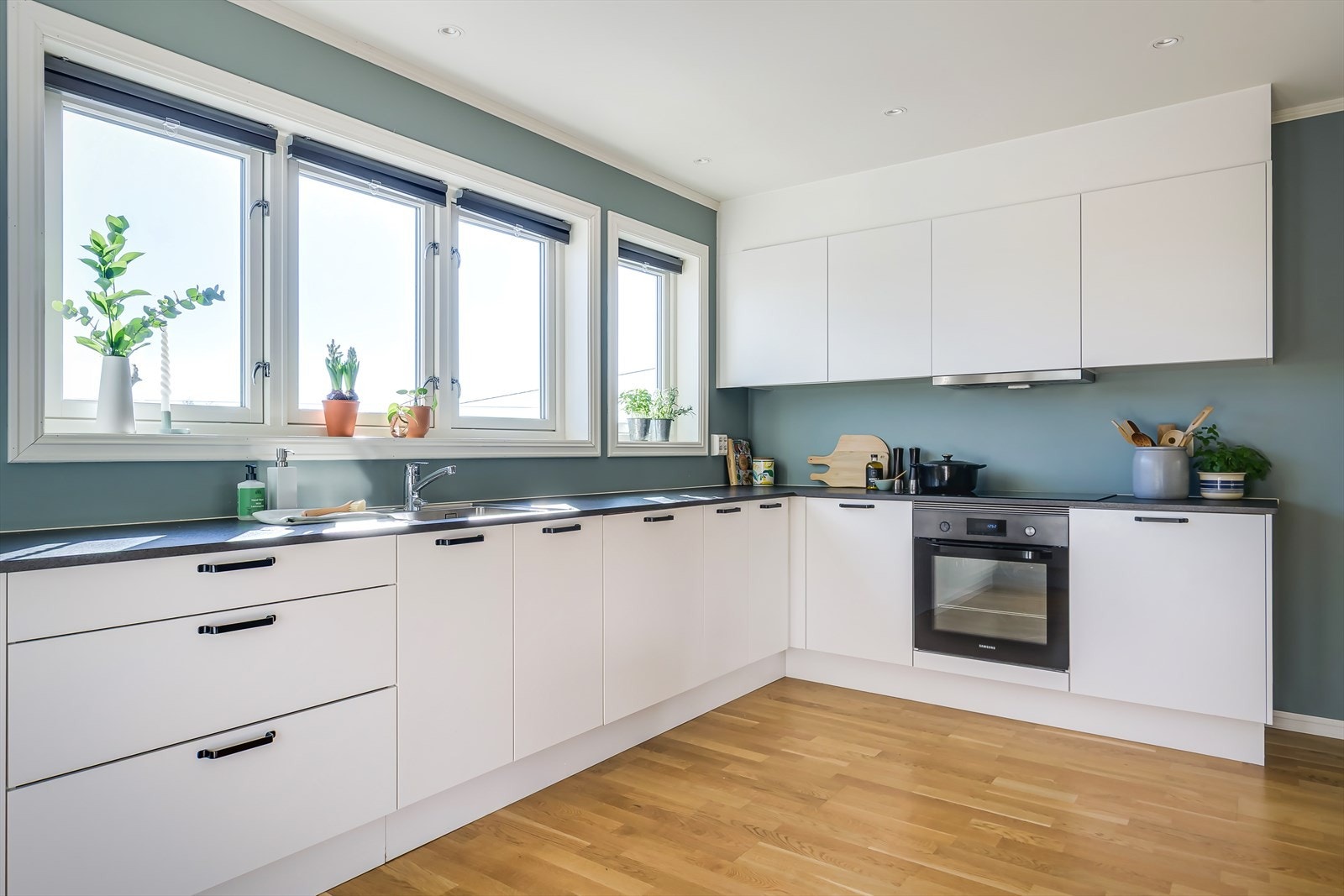 Kjøkkenet er utstyrt med integrerte hvitevarer som platetopp, stekeovn, oppvaskmaskin og kjøleskap. Galleribilde