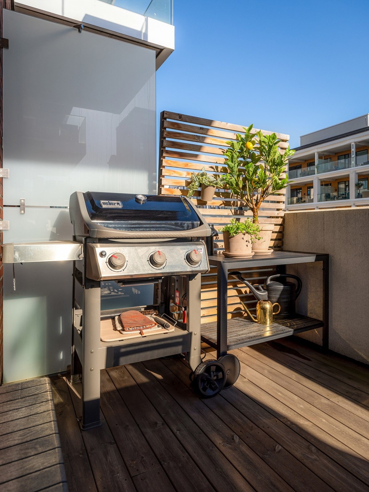 Det er montert utelys med stikkontakt og tillatt med grill. Galleribilde