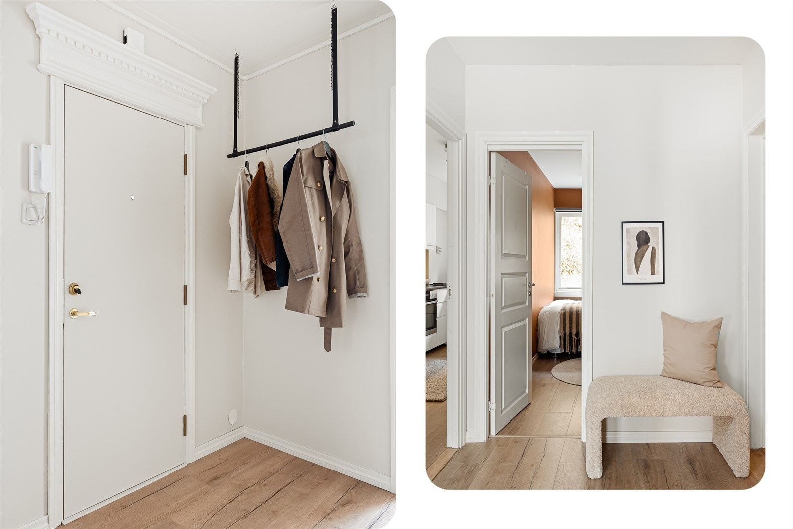 Det er rikelig med plass til garderobeskap, en skohylle eller kroker for yttertøyoppheng. For ytterligere oppbevaring har leiligheten to eksterne boder på hhv. 7,3 kvm og 5 kvm. Galleribilde