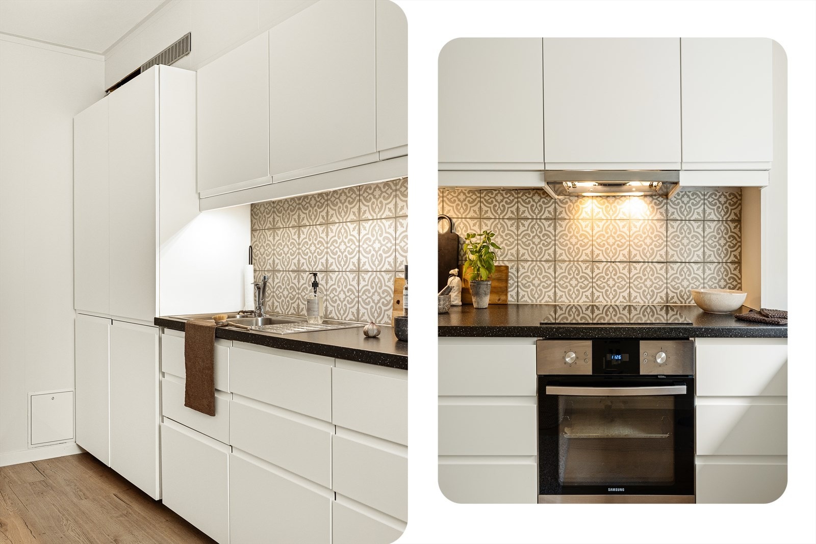 Kjøkkenet har en stilren innredning med slette fronter, laminatbenkeplate og fliser over benken. Det er utstyrt med stål oppvaskkum, ventilator og integrerte hvitevarer, inkludert induksjonsplatetopp, stekeovn, oppvaskmaskin samt kjøl- og fryseskap. Galleribilde