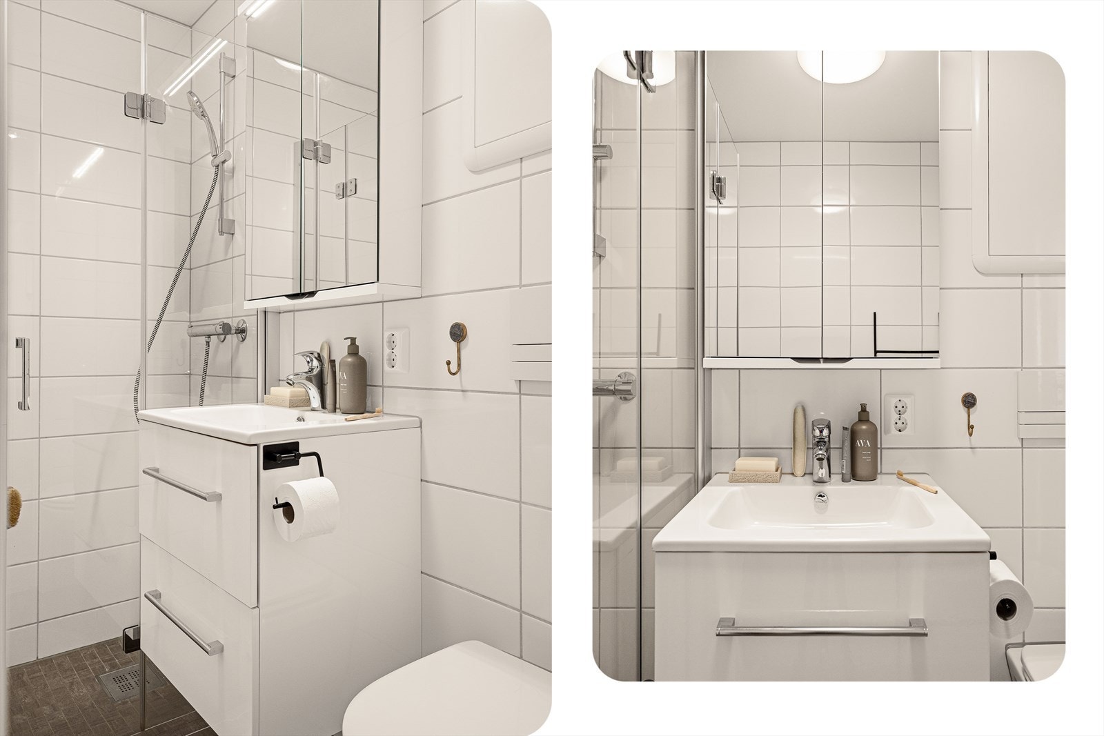 Det har varmekabler i gulvet og inneholder vegghengt toalett, helstøpt servant med skuffer under og slette fronter, dusjdører i klart glass samt fordelerskap til rørsystemet. Galleribilde