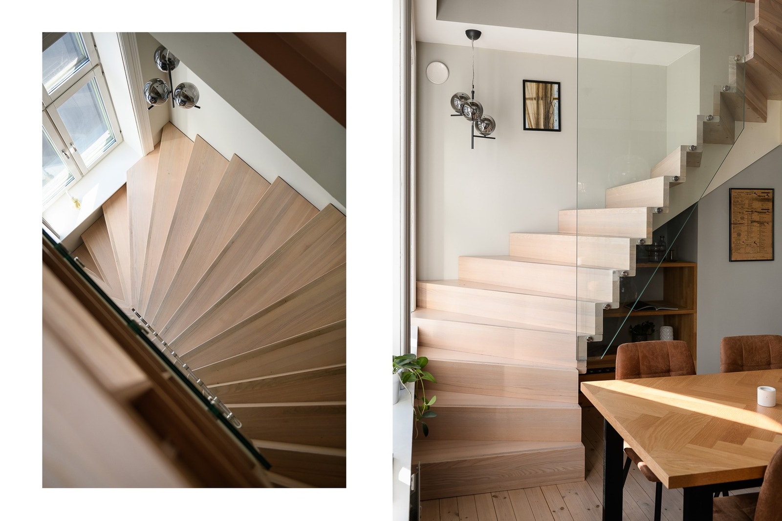 Trappen opp til loftet er skulpturelt utformet med nærmest flytende trinn i ask og glassrekkverk på siden. Galleribilde