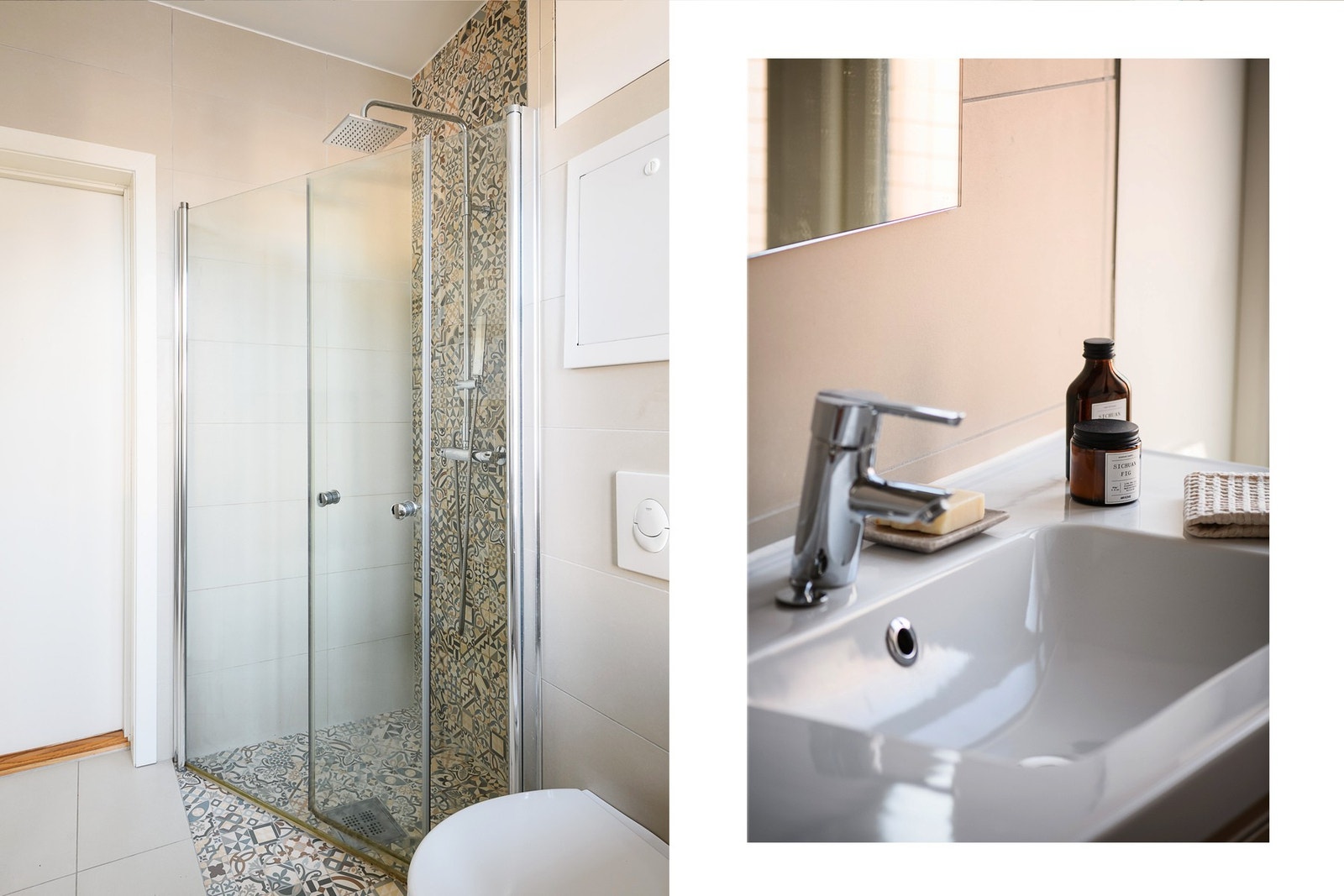 Dusjnisjen gir et hint av nostalgi med stilige, historiske fliser, regnfallsdusj og innfellbare glassdører. Galleribilde