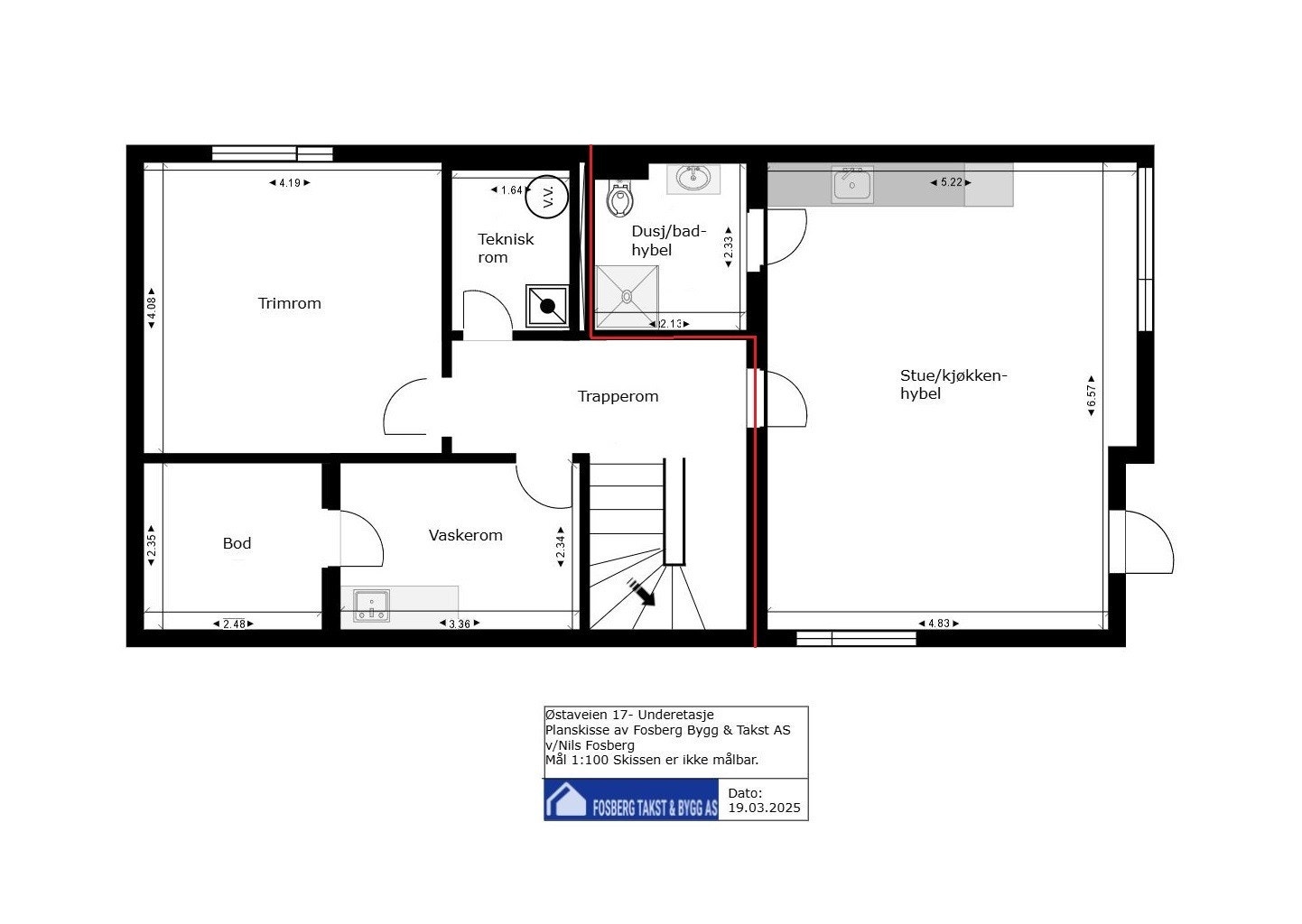 Planløsning underetasje med hybel med egen inngang. Hybelen har tidligere vært utleid for kr 12.000,- pr mnd. Galleribilde