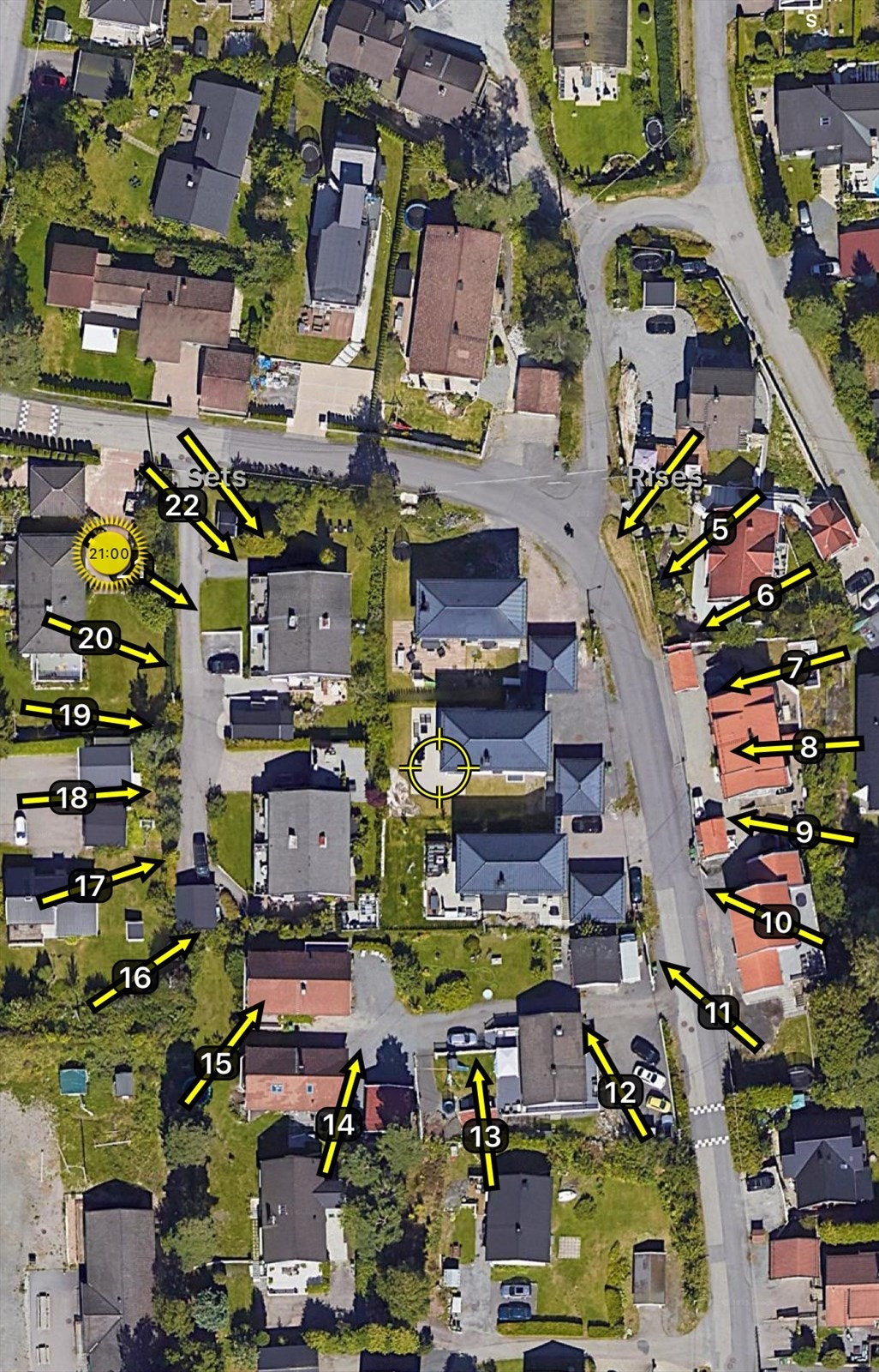 Illustrasjon av solforholdene midtsommers. Sol på terrassen og i hagen fra tidlig morgen til sen kveld. Galleribilde