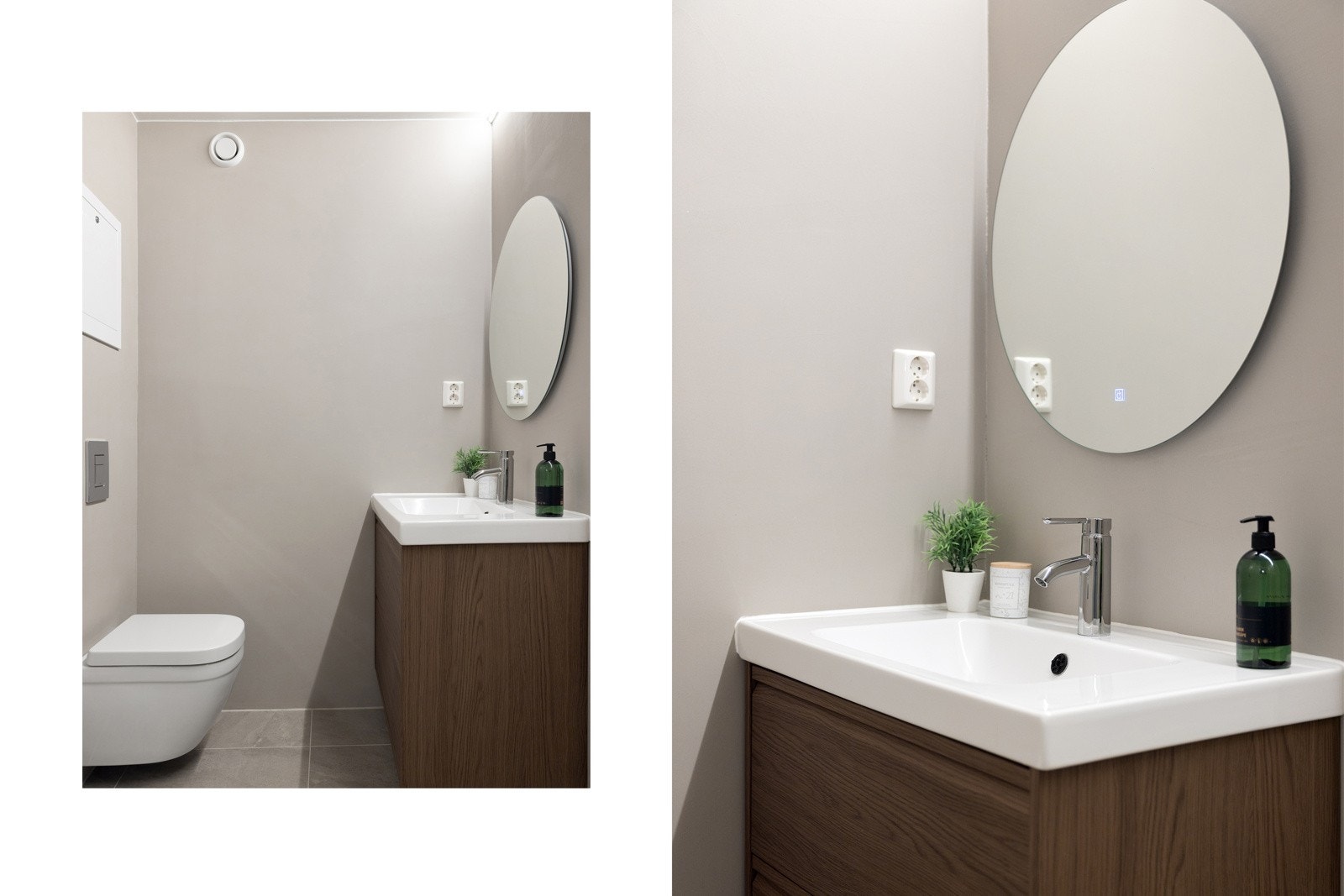 Svært delikat baderom fra 2024 med varmekabler og opplegg for vaskemaskin / tørketrommel Galleribilde