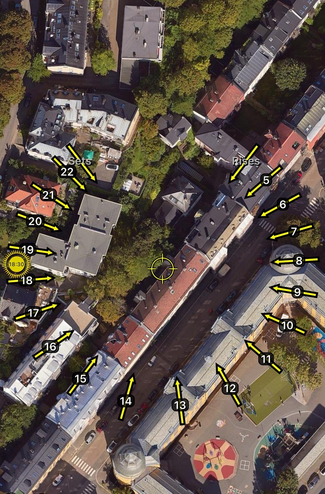 Illustrasjon av solforholdene midtsommers. Sol på balkongen fra ca. kl. 15:30-18.30 (delvis/tidvis dekket av trær). Galleribilde