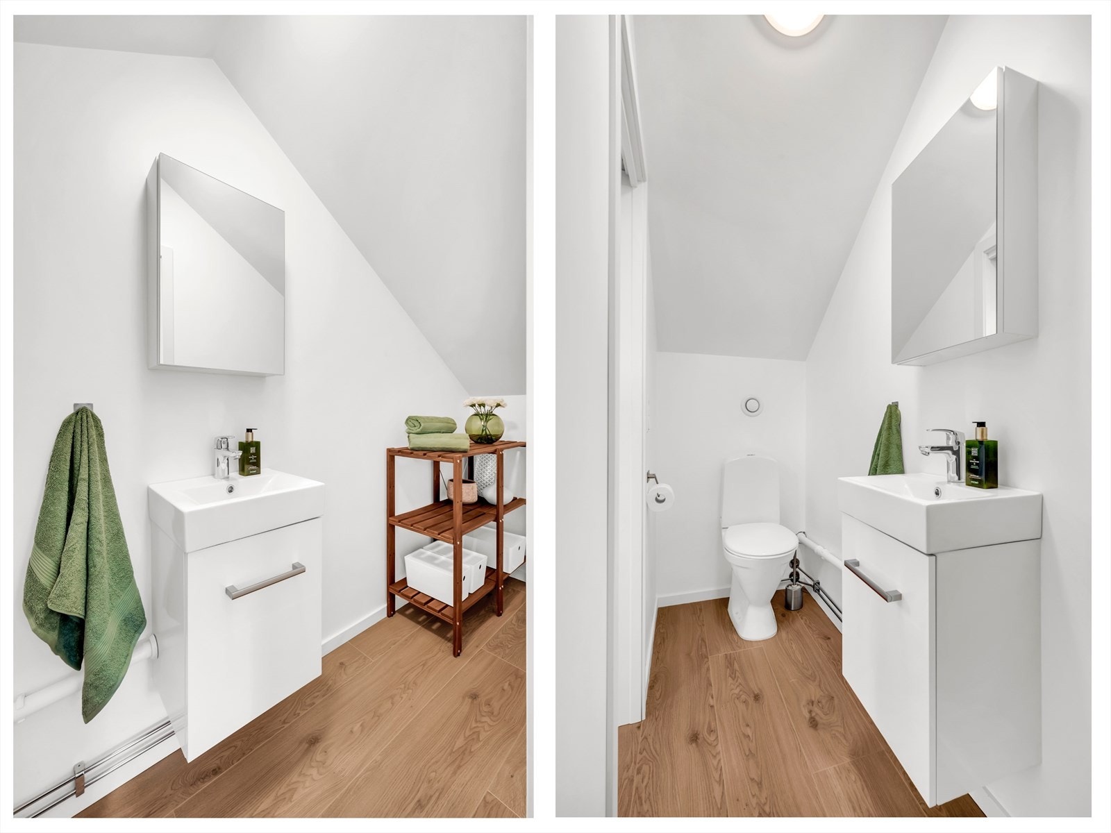 Praktisk WC-rom med malte veggplater og laminatgulv. Rommet er innredet med klosett, servant med underskap og har naturlig avtrekk. Galleribilde
