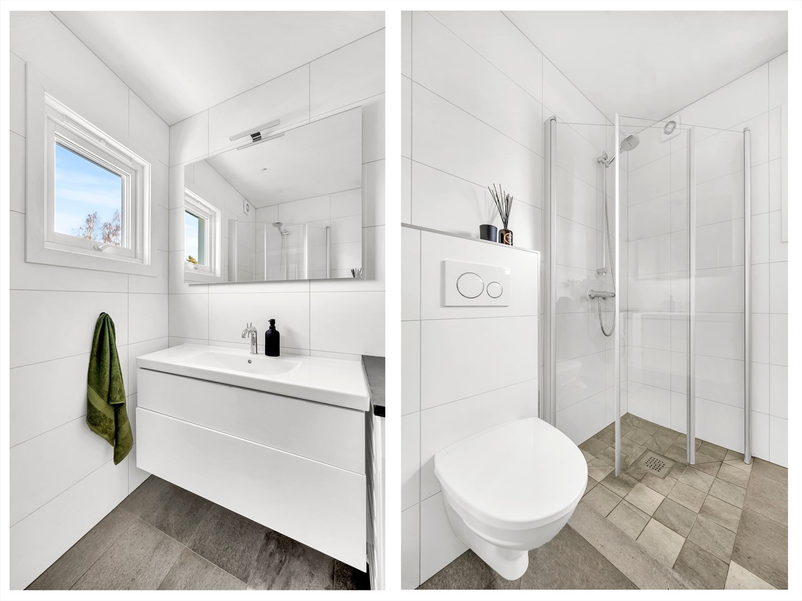 Badet er stilrent innredet med vegghengt klosett, servant med underskap, speil med integrert belysning og et praktisk dusjhjørne med svingbare glassdører. Galleribilde