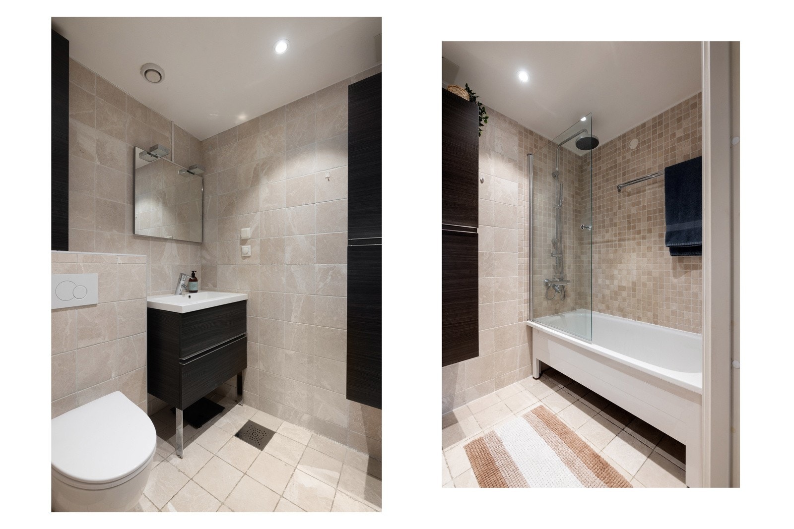 Badet er godt utstyrt med badekar, moderne armaturer og flere oppbevaringsløsninger, samt speil med belysning. Galleribilde