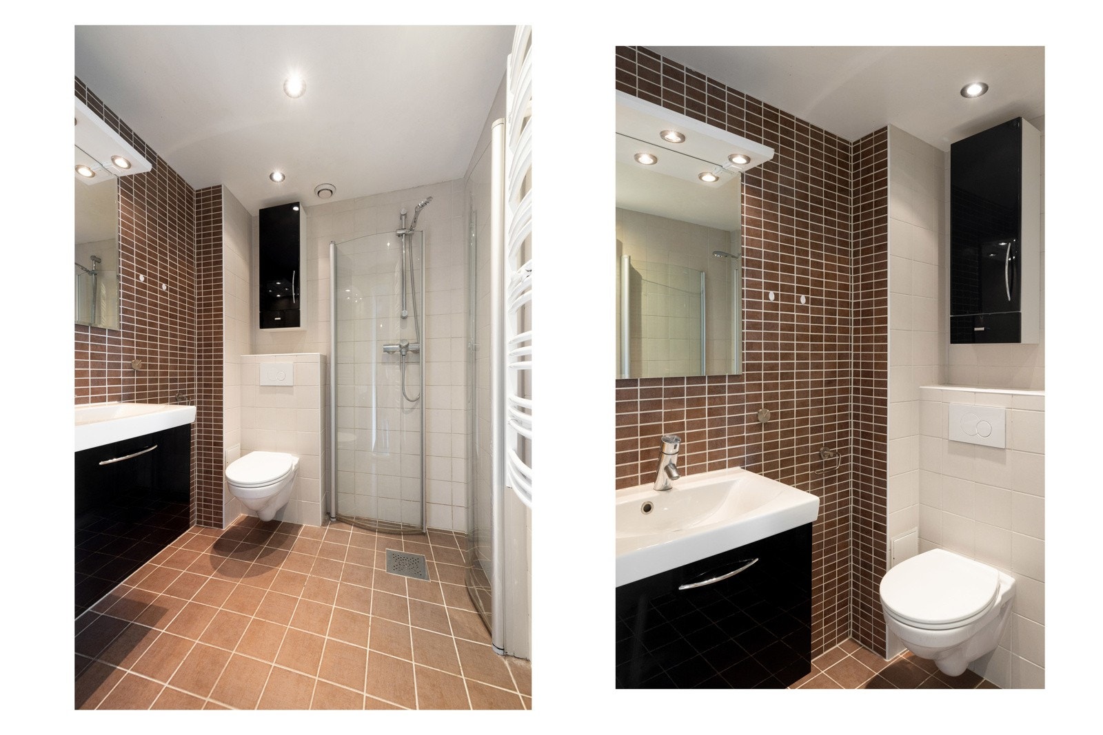Badet er pent innredet med oppbevaringsløsninger, dusjnisje med innfellbare dører og vegghengt håndkletørker. Fin belysning med downlights i himling og over speil. Galleribilde