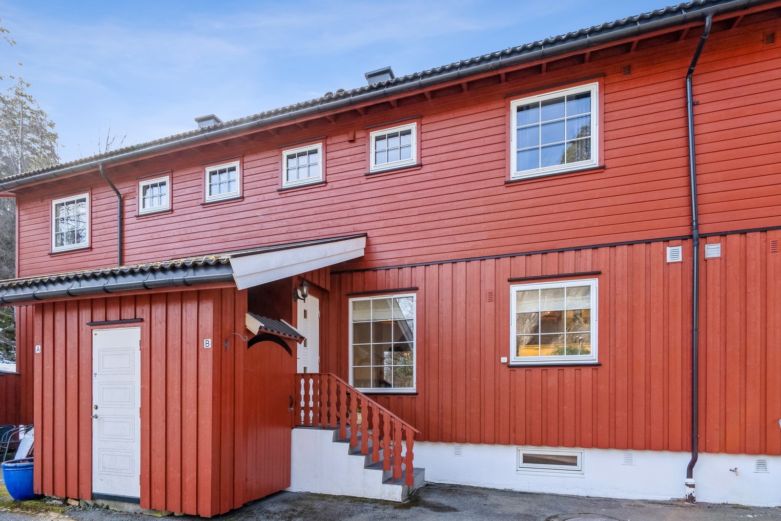 Hyggelig inngangsparti med tilgang til utendørs vedskjul/lagringsbod. Galleribilde