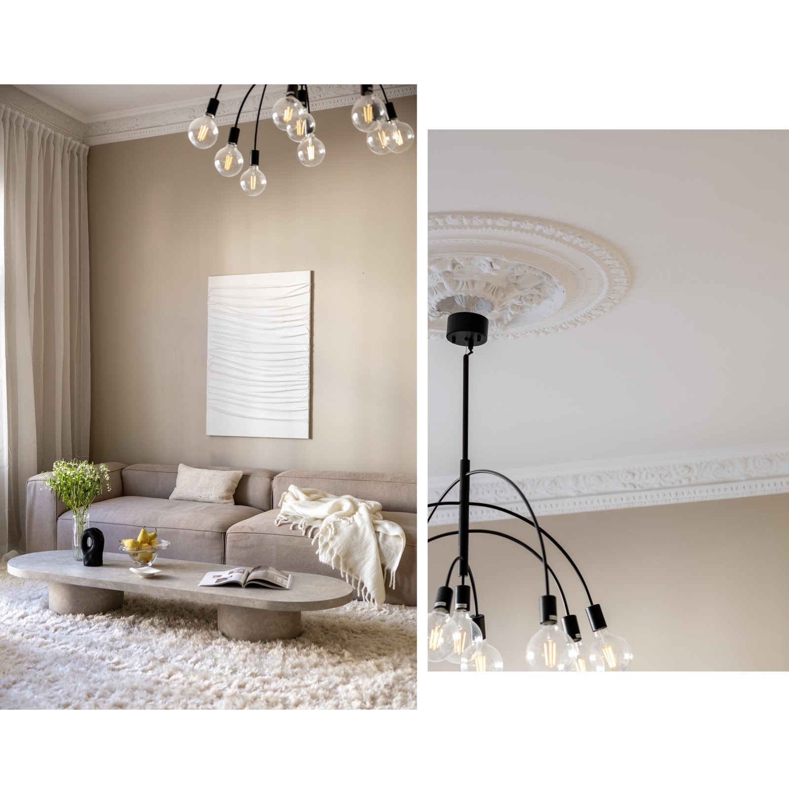 Stuen er utsmykket med flotte stukkaturer og rosetter, som gjenspeiler det klassiske uttrykket fra tidligere århundre. Galleribilde