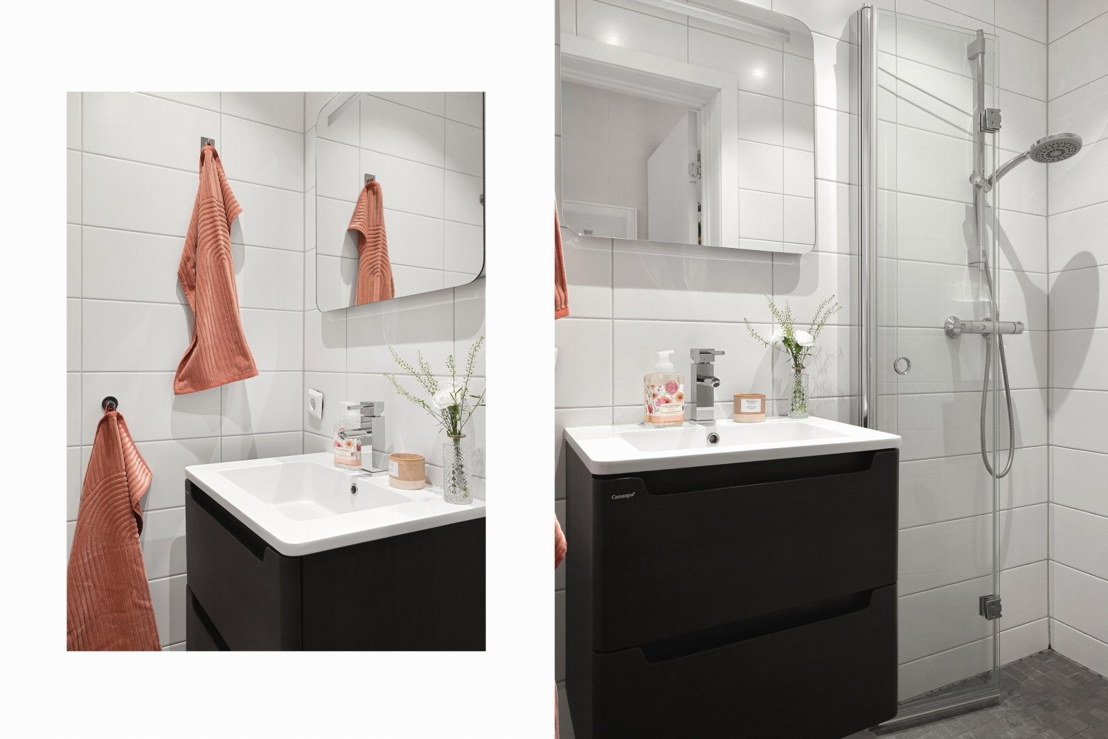 Badet ble totaloppusset i 2018 og inneholder dusj med glassvegg, servant med vask og oppbevaring og speil med belysning Galleribilde