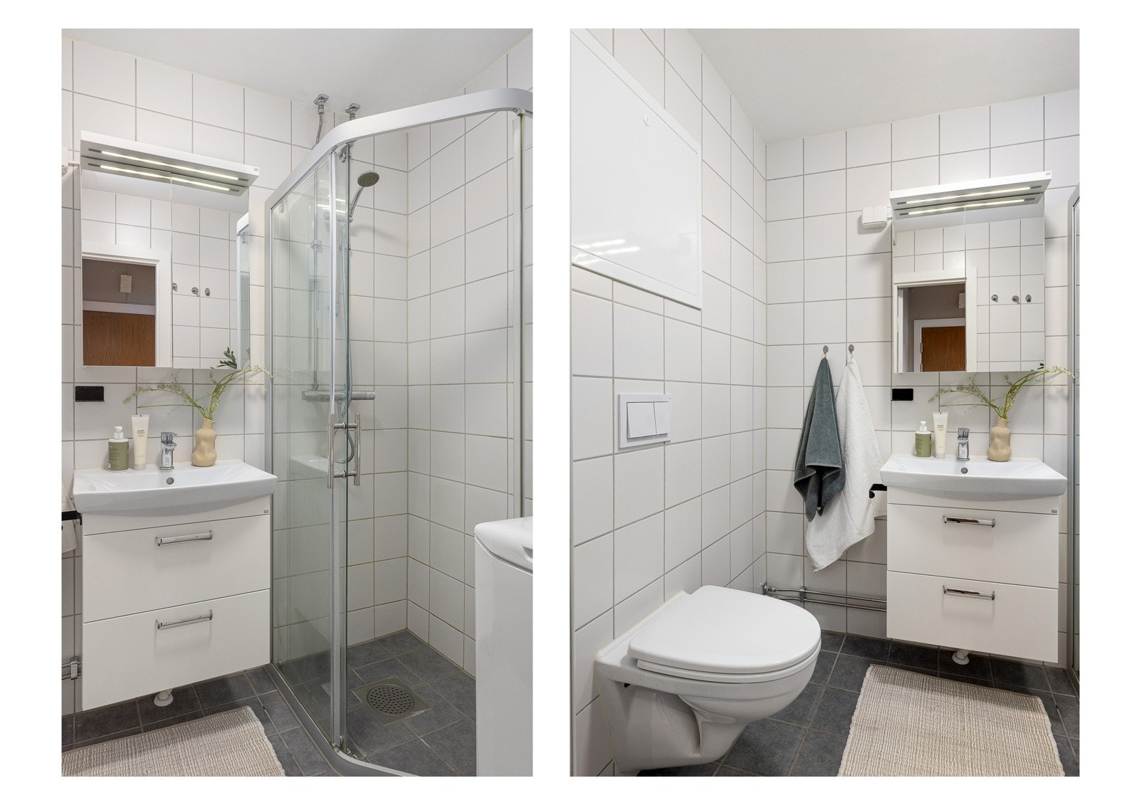 Baderommet har opplegg for vaskemaskin, termostatstyrt gulvvarme, fliser på gulv og vegger, samt malt overflate i himling. Galleribilde