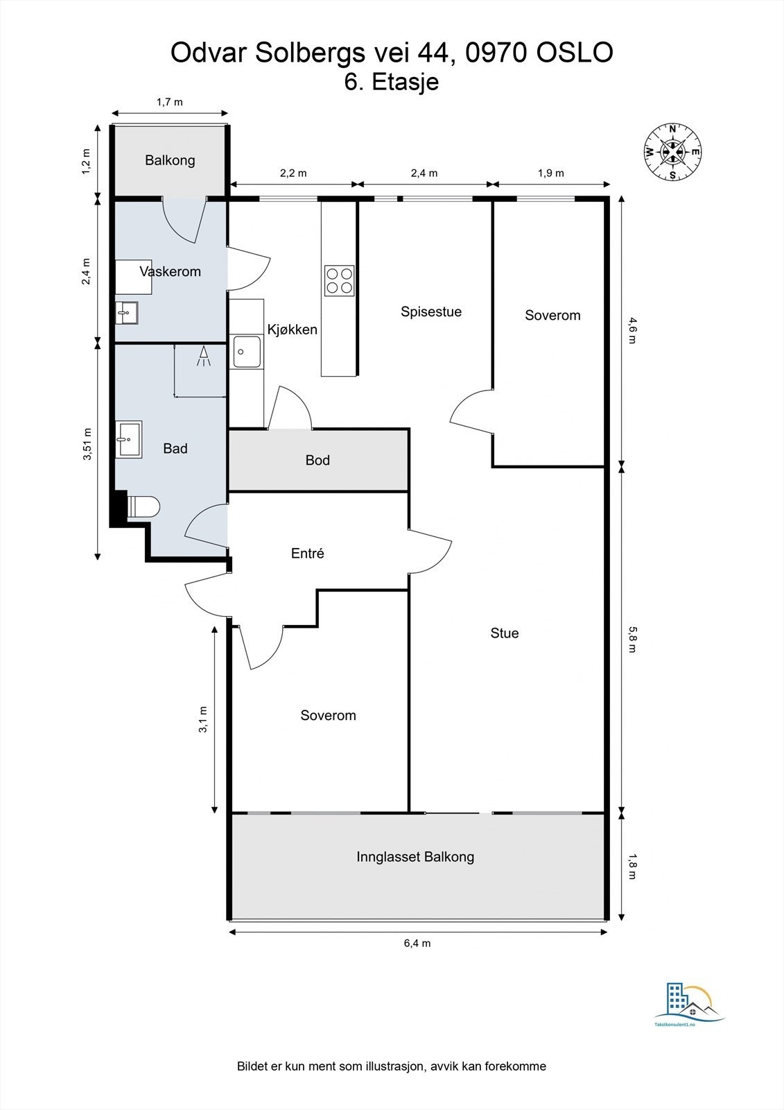 Leilighetens planløsning gir god størrelse på alle rom. Galleribilde
