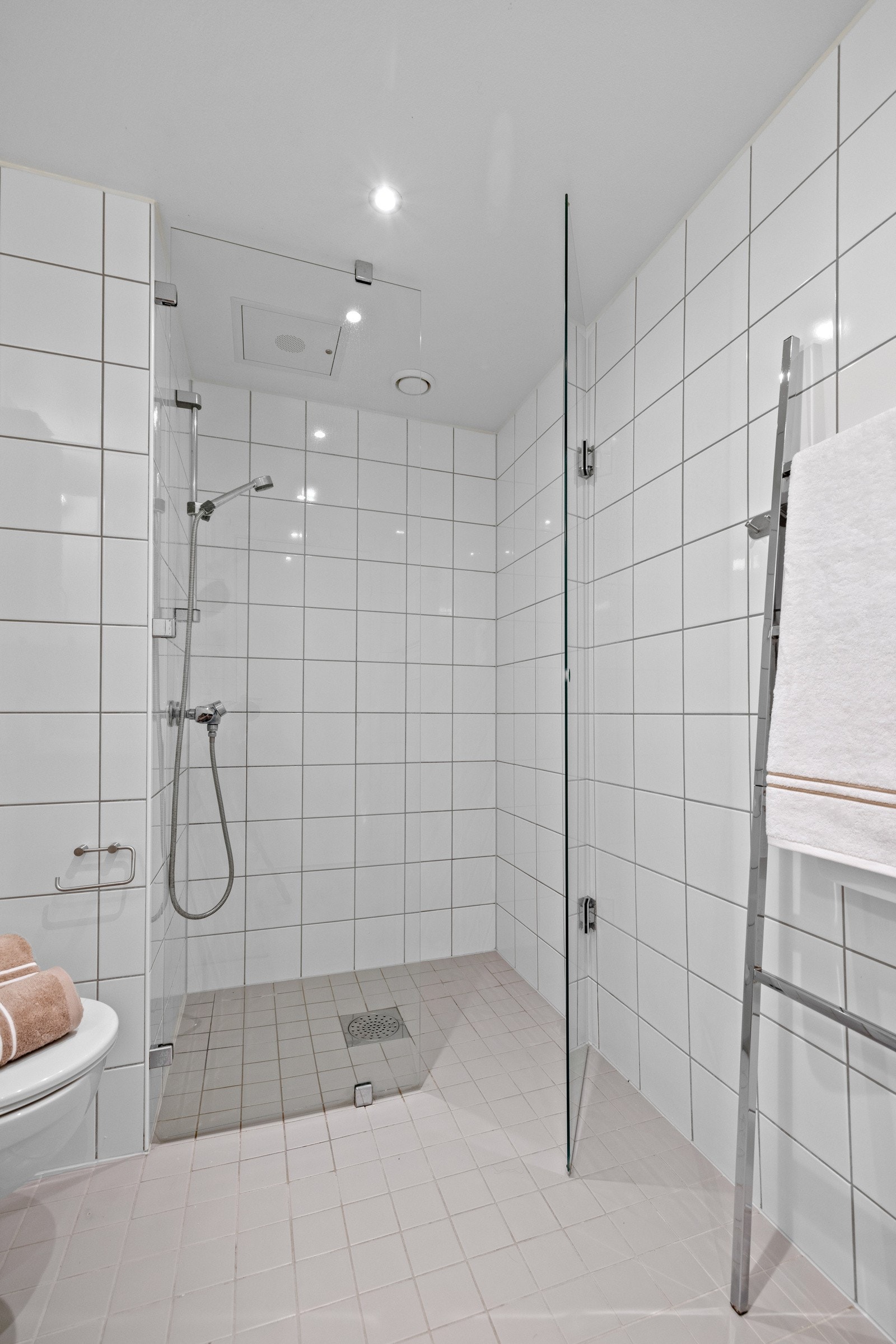 Badet har et veggmontert toalett og dusjnisje med glassdør Galleribilde