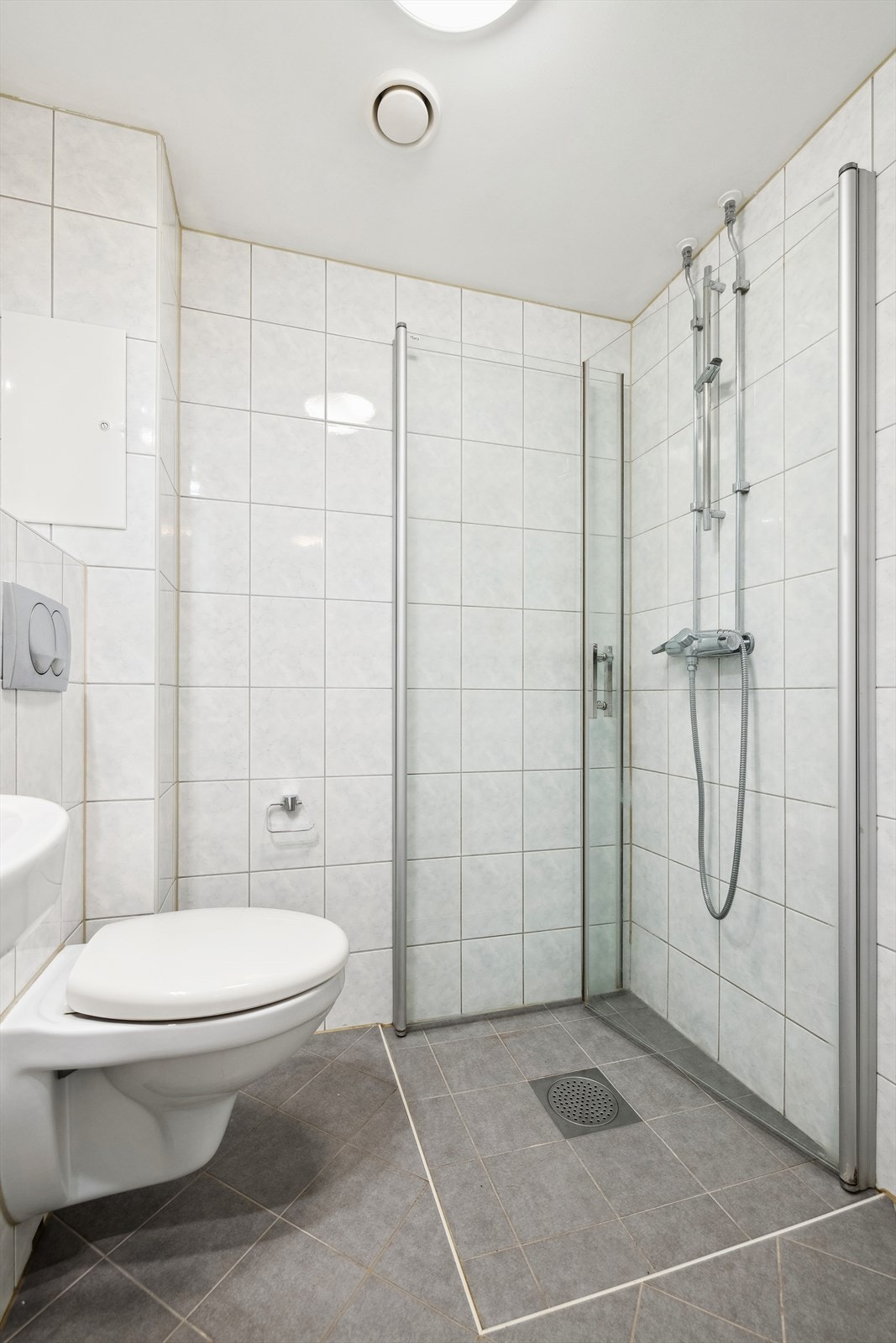 Badet har et romslig dusjhjørne, veggmontert klosett, servant og opplegg for vaskemaskin Galleribilde