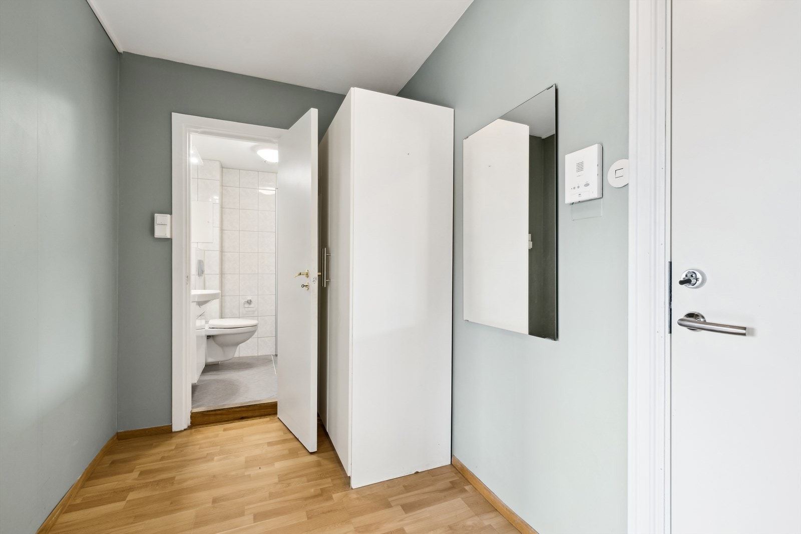 Entréen er av god størrelse med plass til garderobeskap - hvor du kan henge fra deg yttertøy og sko. Galleribilde