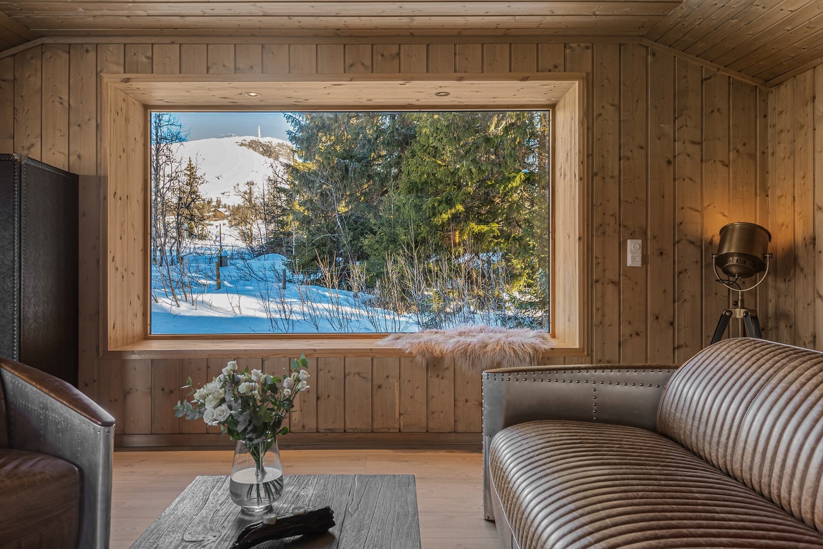 Man har meget flott utsikt mot Skeikampen fra stuen. Galleribilde