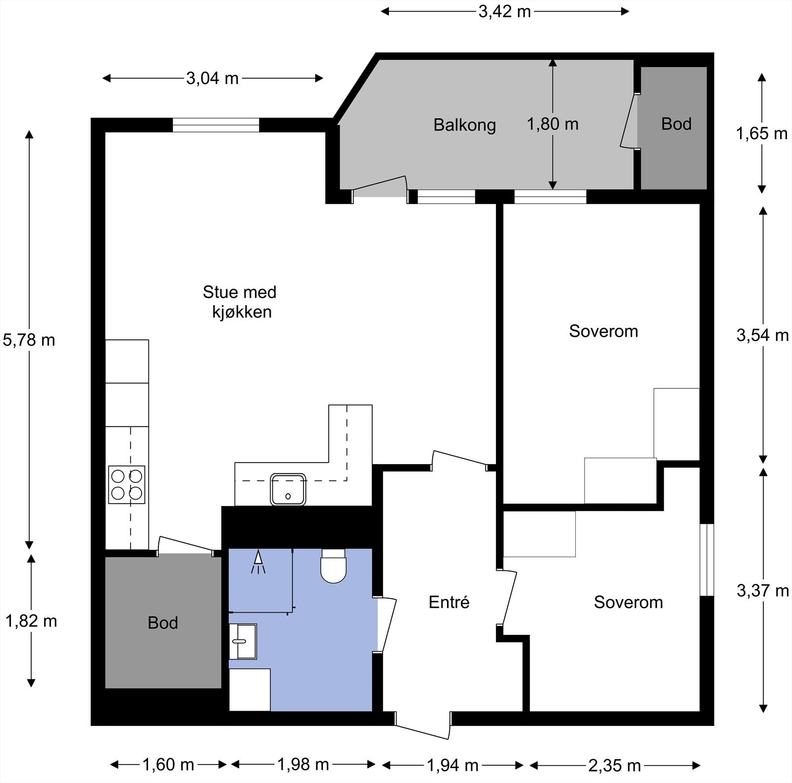 Plantegning fra takstmann. Leiligheten inneholder entré, stue/kjøkken, to soverom, baderom og balkong. Boligen disponerer i tillegg flere boder. Galleribilde