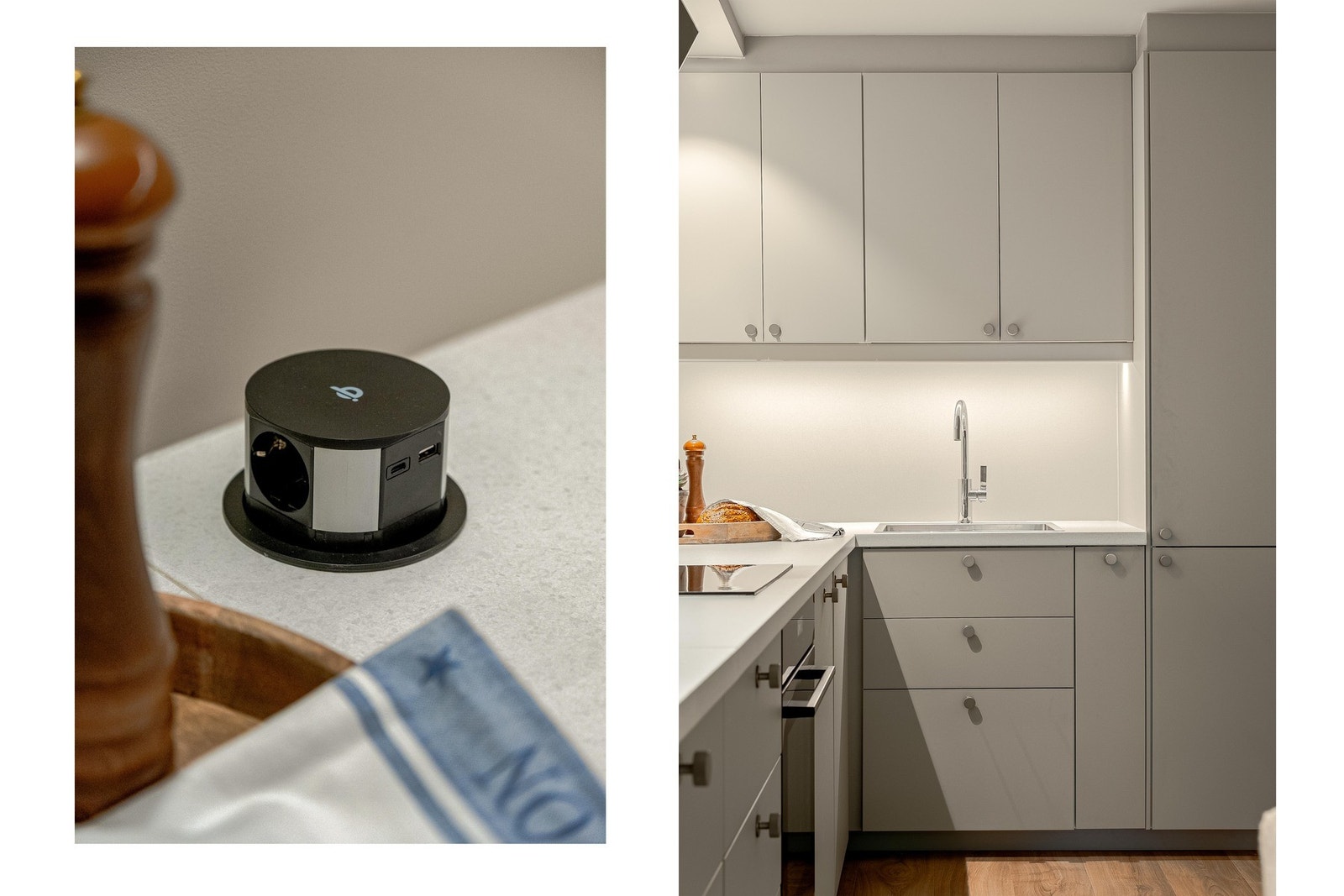 - Leiligheten har smarte løsninger som nedfellbar stikkontakt på kjøkken og app-styrte LED-lys - Galleribilde