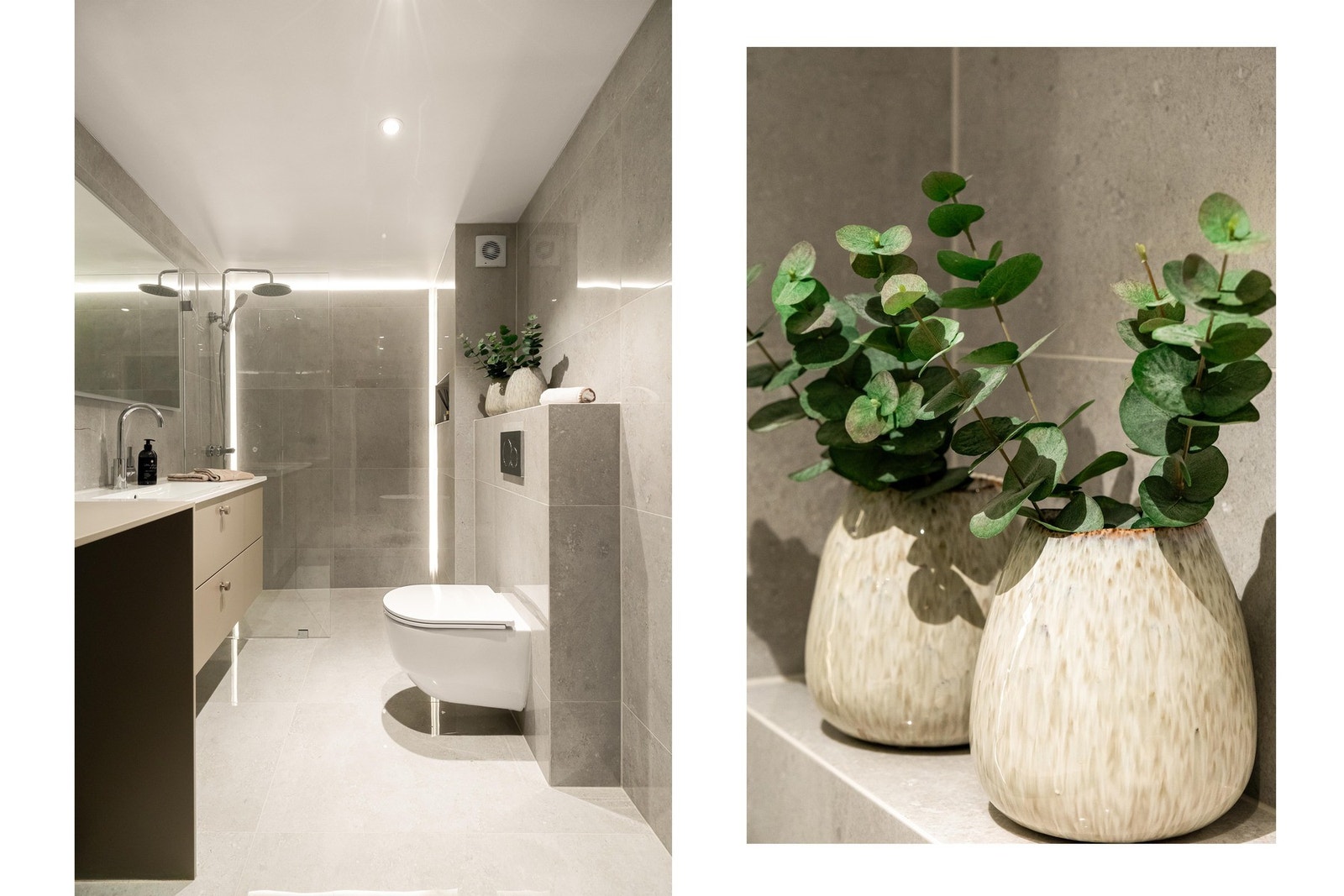 - Gulv- og veggflisene er lagt med 60x120 cm fliser. Det er også gulvvarme og avsatt plass til vaskemaskin - Galleribilde