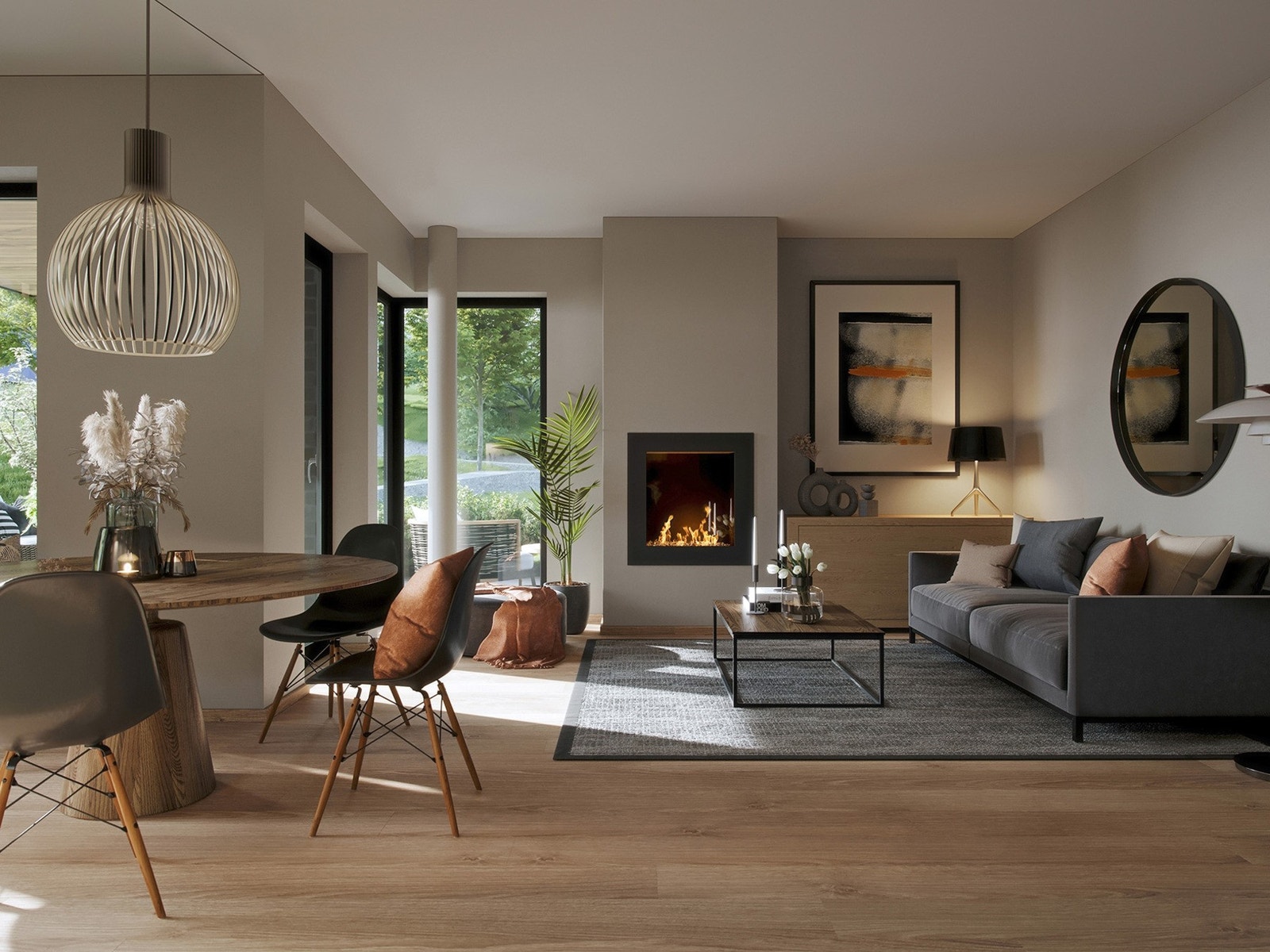 Illustrasjon av en annen leilighet i prosjektet. Stue med stilpakken Urban, avvik fra plantegning kan forekomme. Merk at leiligheten leveres uten gasspeis. Galleribilde