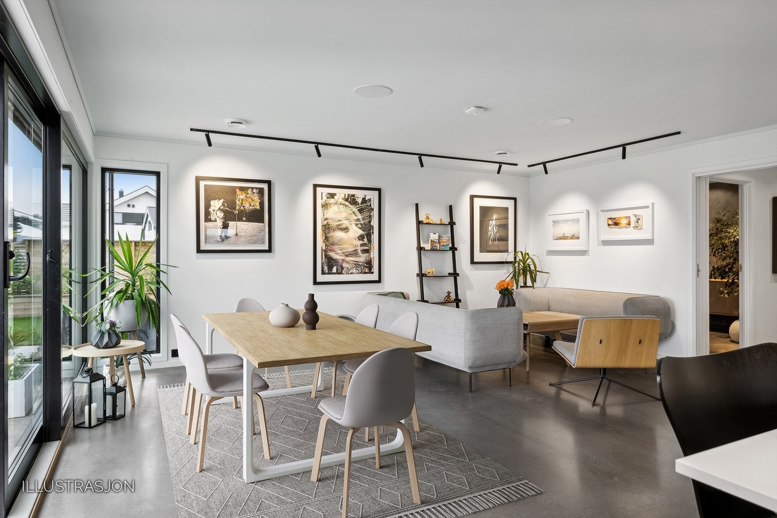 Digitalt møblert for å vise mulighetene for spisebord i stuen Galleribilde