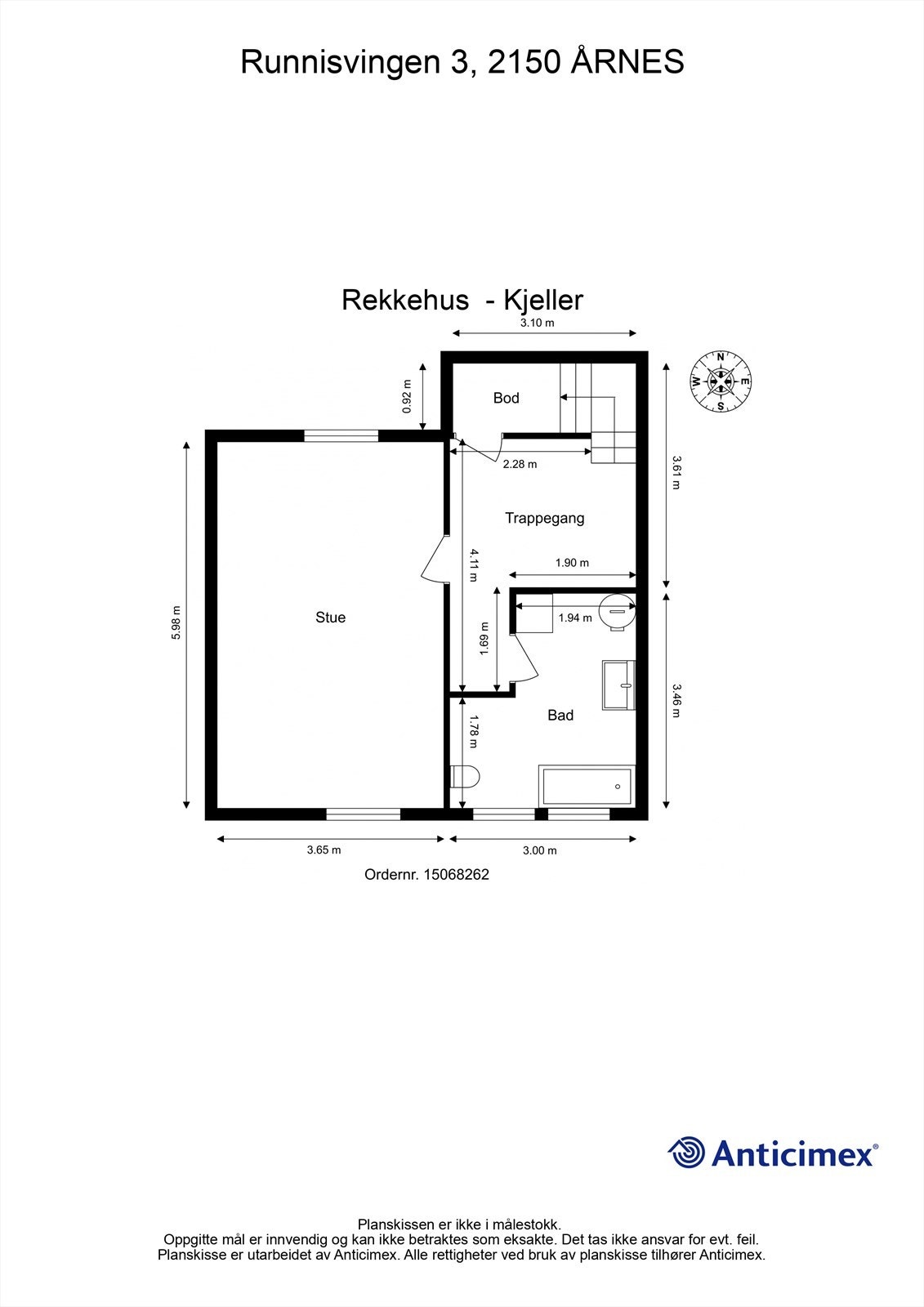 Plantegning underetasje. (Opprinnelig byggemeldt som disponibelt rom, klesbod, vaskerom og to boder jf. byggetegninger og er ikke godkjent til varig opphold. Rommene er i dag innredet som trappegang, kjellerstue og bad/vaskerom, samt bod under trapp.) Galleribilde
