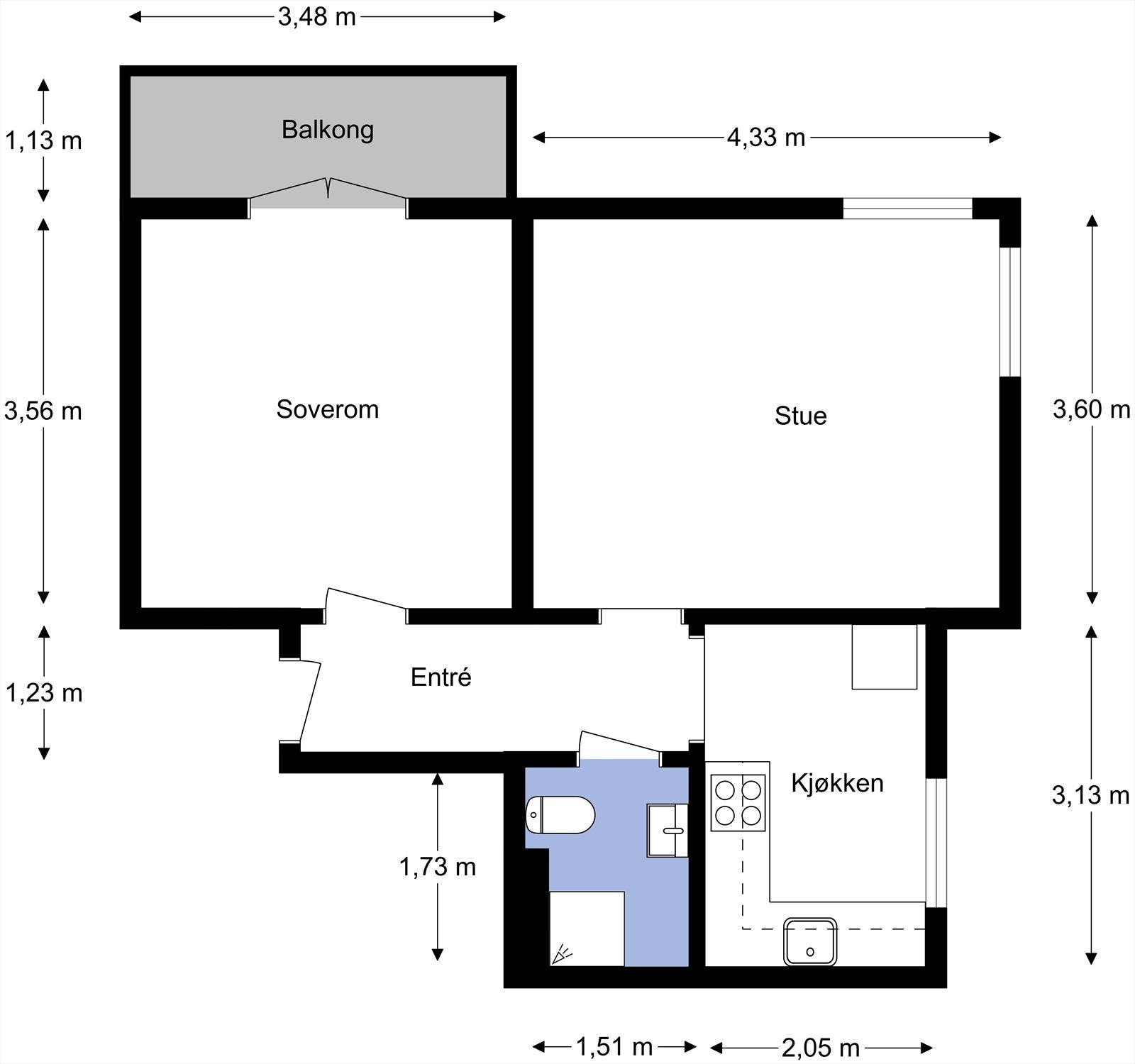 Plantegning fra takstmann. Boligen befinner seg i byggets 4.etasje og inneholder entré, stue, separat kjøkken, soverom, balkong, og bad. Kjellerbod medfølger boligen. Galleribilde