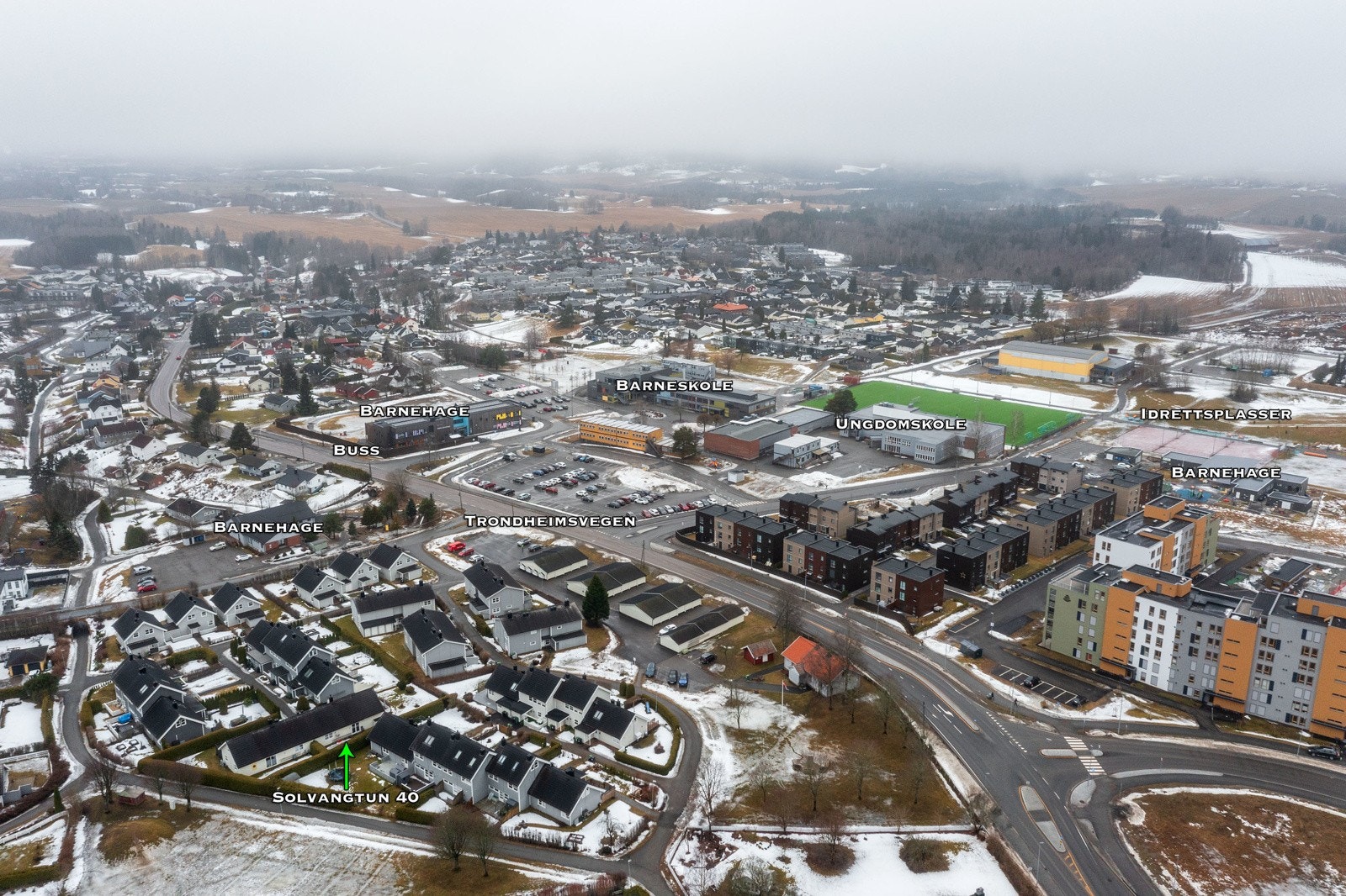 Dronebilde over nærområdet. Galleribilde