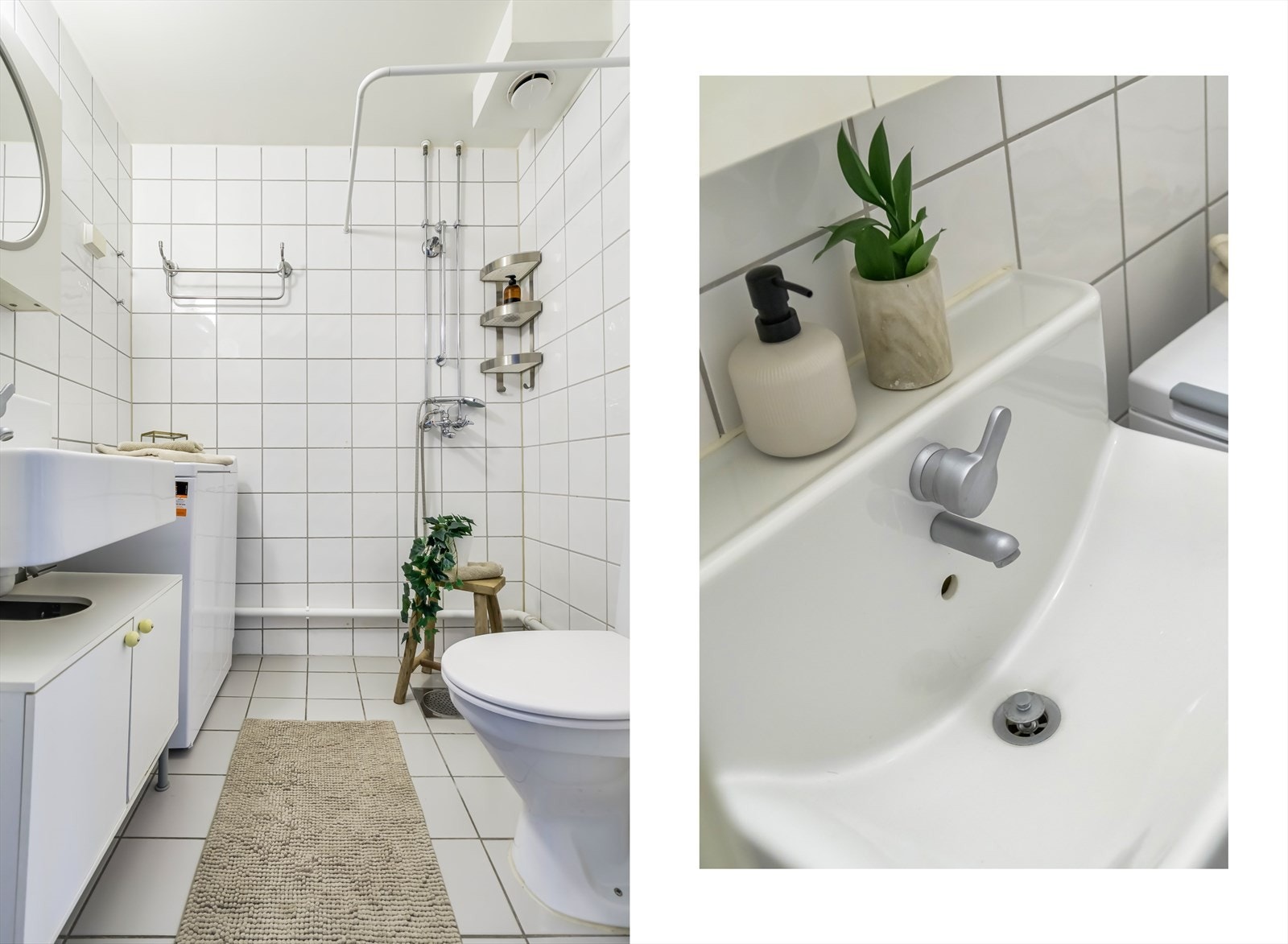 Lyst og flislagt bad med elektriske varmekabler i gulv og downlights i himling. Baderommet er pusset opp i regi av borettslaget i 2005. Galleribilde