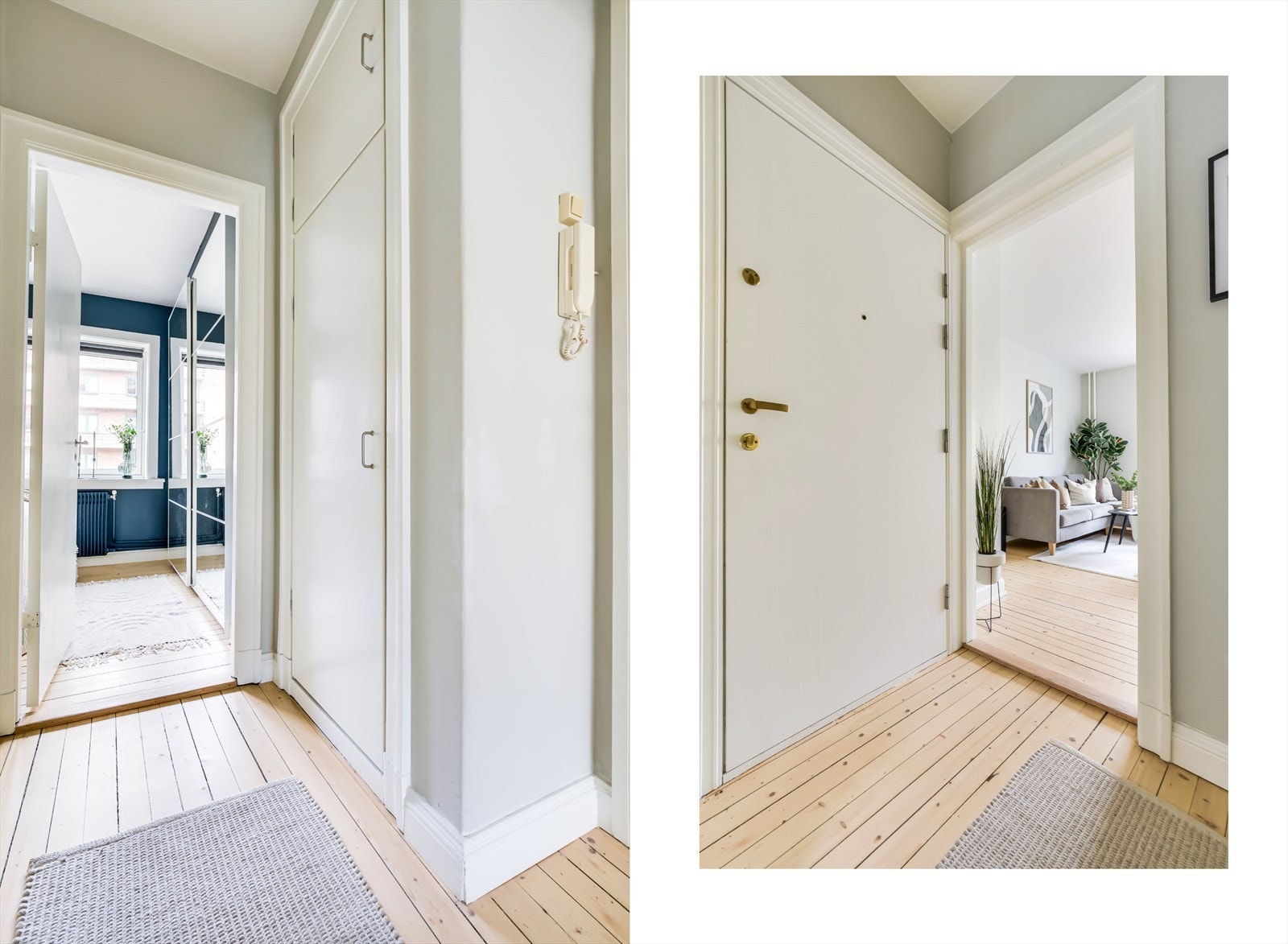 Velkommen inn i en lys og praktisk entré med innebygd garderobe og god plass til både skoskap og oppheng. Den generøse takhøyden er utnyttet optimalt med oppbevaringshyller. Med porttelefon kan du enkelt slippe inn besøkende fra gateplan. Galleribilde