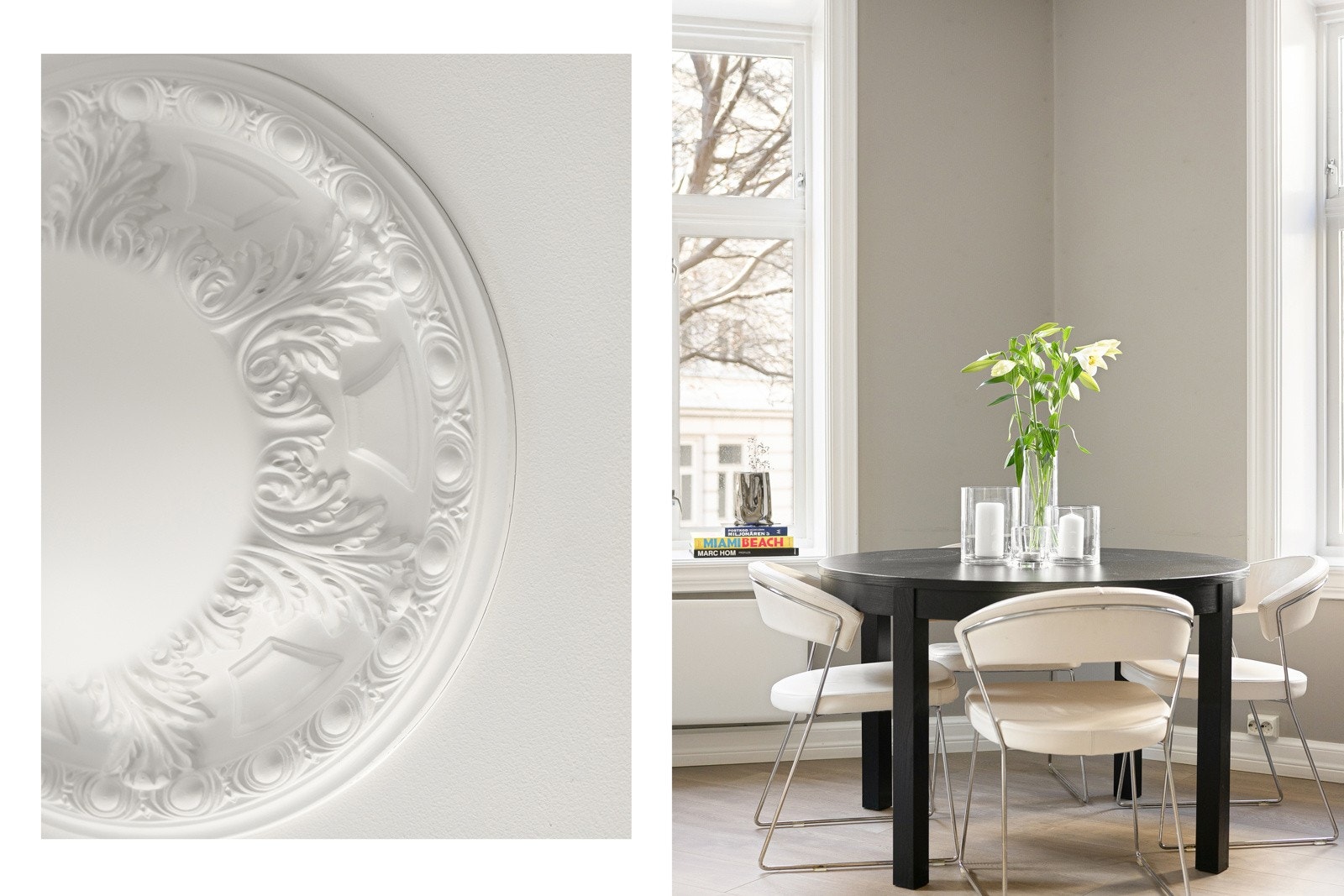 Stuen preges av klassiske detaljer som brede lister og en elegant takrosett, som tilfører særpreg og karakter til boligen Galleribilde