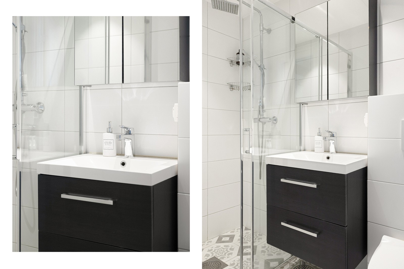 Delikat flislagt bad med varmekabler, dusjnisje, veggmontert servantinnredning og toalett Galleribilde