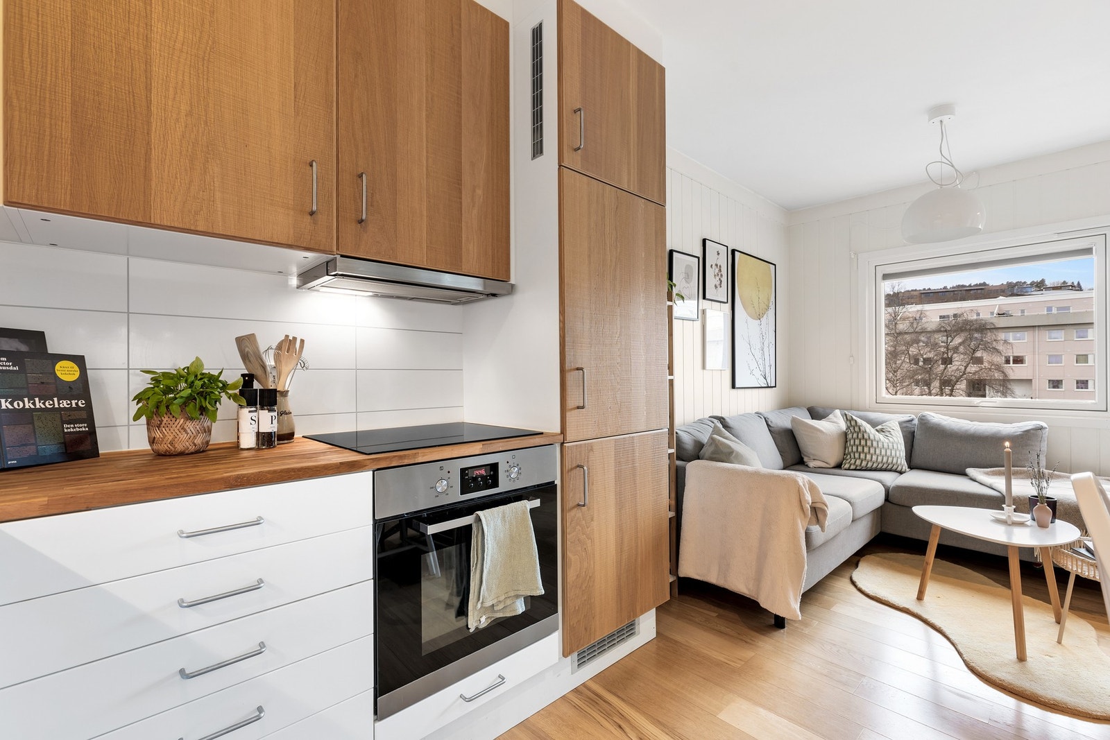 Integrerte hvitevarer består av kjøl-/fryseskap, stekeovn, platetopp, oppvaskmaskin og vaskemaskin. Galleribilde