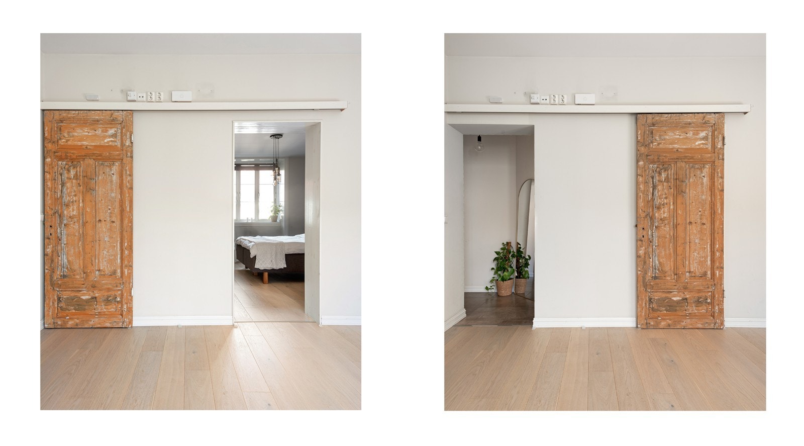 Rustikk skyvedør i tre gir karakter til rommet og skiller soverommet fra oppholdsarealet Galleribilde