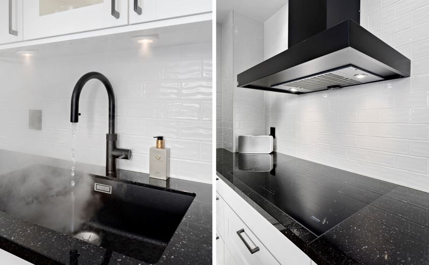 Detaljer fra kjøkken: Quooker vannkoker, utfresing i benkeplate for steketopp er frest en ekstra kant for at steketopp skal bli "plan" med benkeplate, dvs. ingen kant å vaske rundt.. Galleribilde